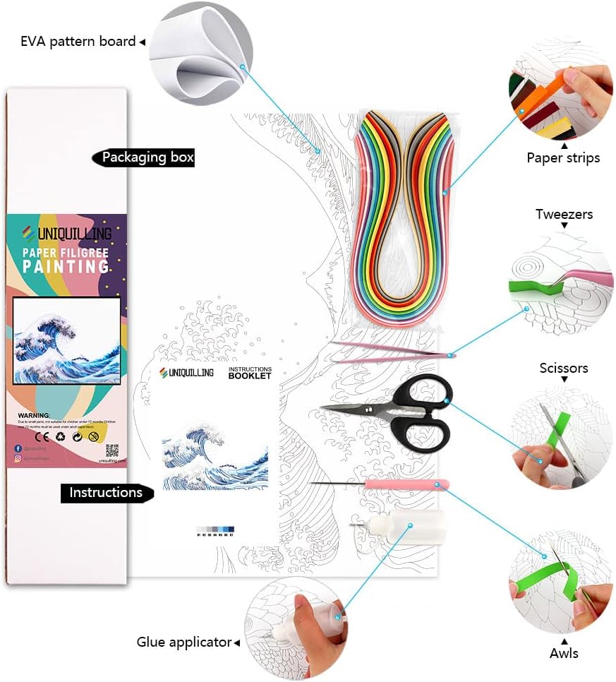 Uniquilling Quilling Kit Paper Quilling Kit for Adults Beginner, Handmade DIY Craft Quilling Paper Filigree Painting Kit Tools, Room Wall Art Decor Gifts, 16 * 20-inch Great Wave Off Kanagawa (Basic)