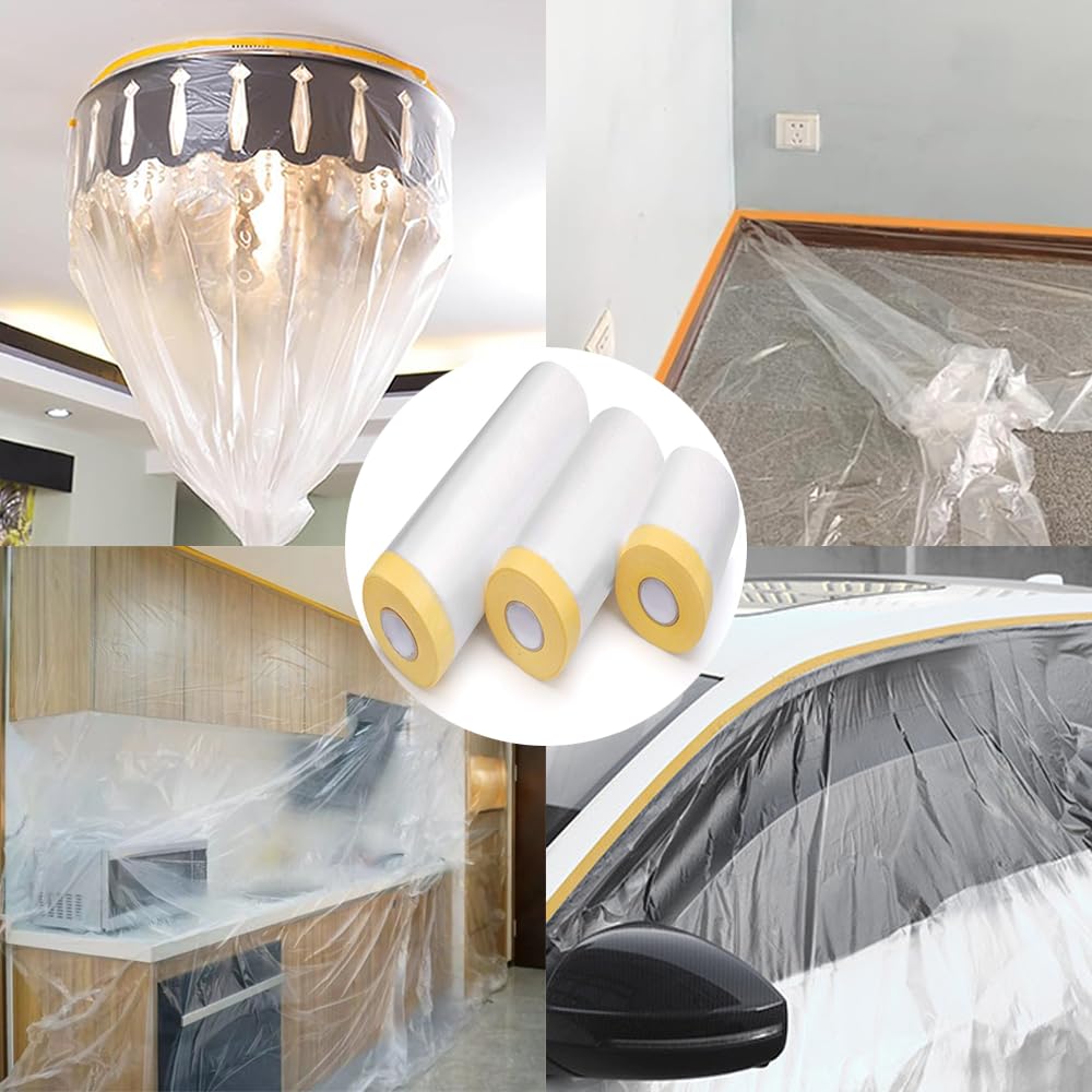 Pre-Taped Masking Film-22inx65ft Tape and Drape Painters Plastic Rolls, Plastic Painting Film for Automotive Painting Covering,Protective Drop Film for Furniture, Car, Floor (4rolls, 22in×65ft)