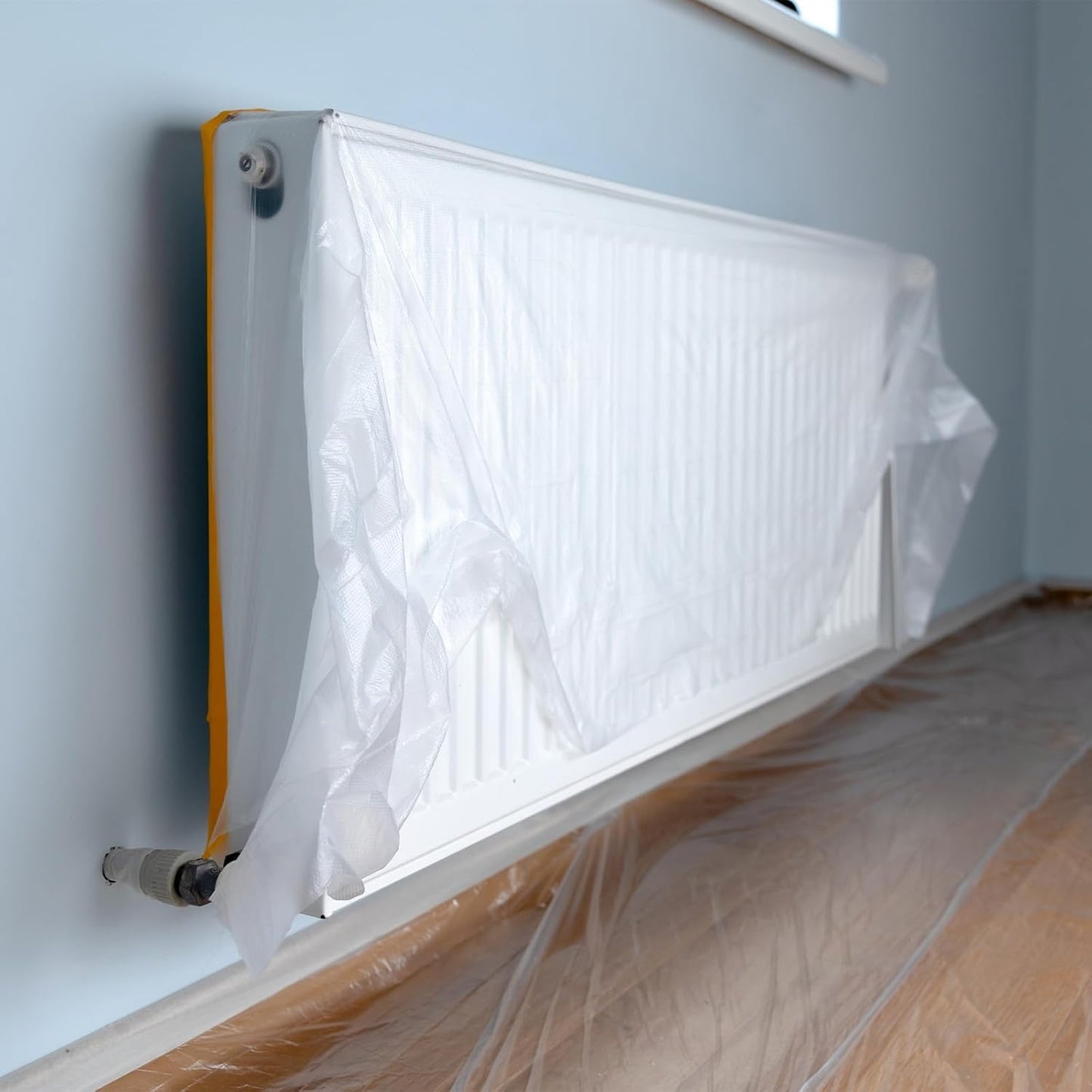 uxcell 3 Rolls Painters Plastic with Tape, 5 x 59 Ft Pre-Taped Masking Film Tape and Plastic Film Paint Plastic Covering Roll for Covering Skirting, Frames and Auto Body, Yellow/Clear