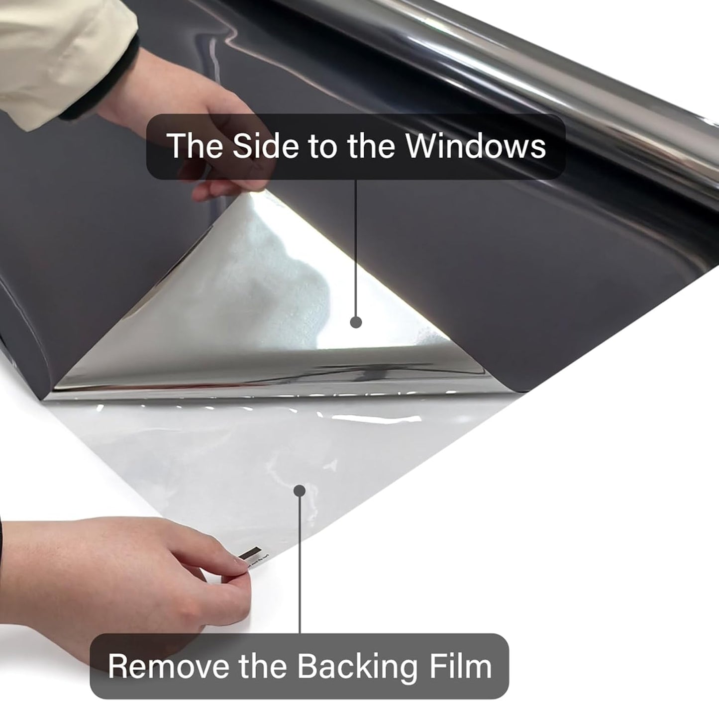 Kromapolis One Way Window Privacy Film Reflective Mirror Home Window Tint, Daytime Privacy Heat Control Anti UV Glass Tinting Static Cling (Black-Silver, 35.4 x 157.4 inch)