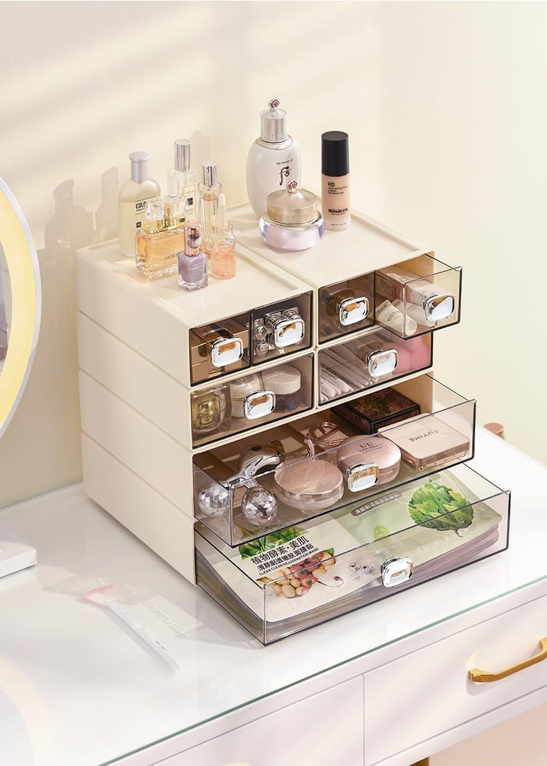 Makeup Organizer Sewing Craft Storage Box Hardware Craft Drawer Storage Cabinet Plastic Stacking Shelf Multifunctional Rack For Home Office Small Items (4, White)