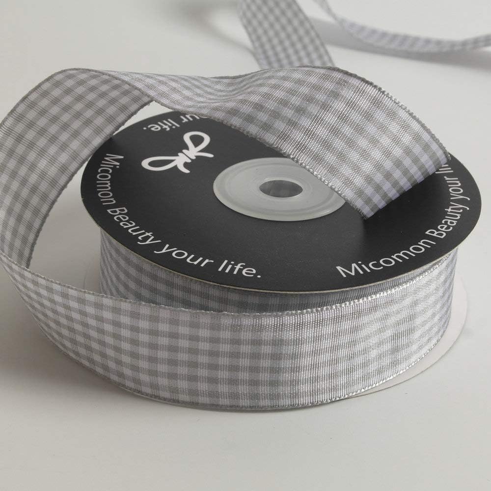Gingham Ribbon - 25 Yards Each Roll, 100% Polyester (1", Gray Gingham)