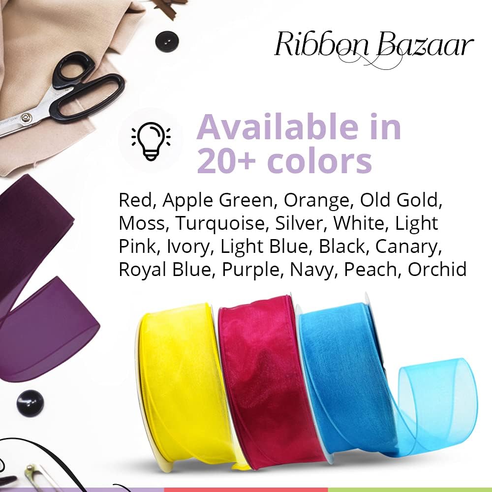 Ribbon Bazaar Sheer Organza Wired Ribbon - 100% Polyester Wire Edged Ribbon for Floral Decor, Table Arrangements, Apparel Embellishment & More - 1-1/2" White 25yd