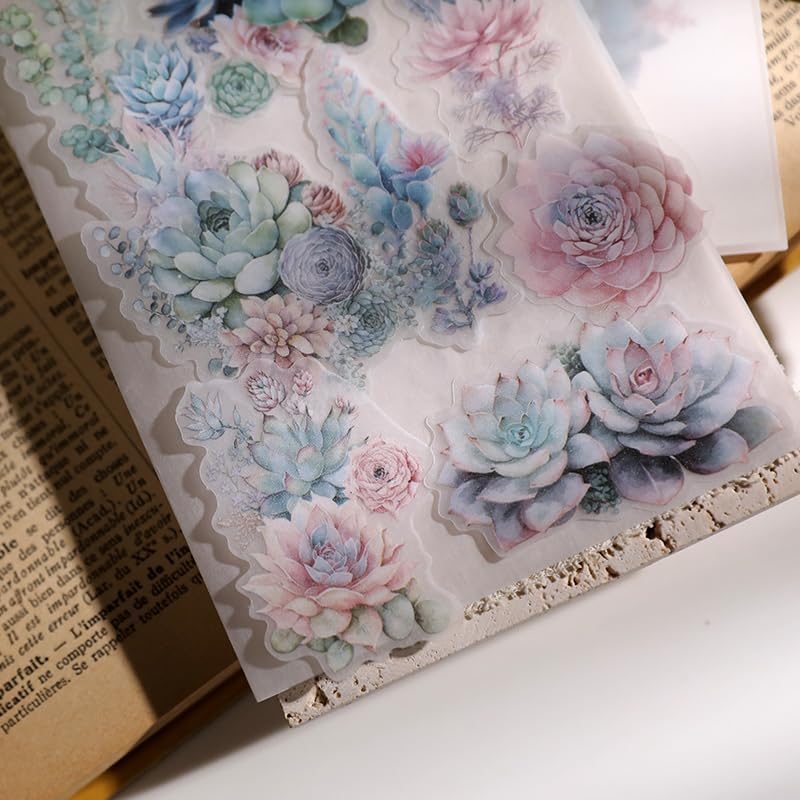 Vintage Vellum Stickers Floral Plants Elements Scrapbooking Supplies Flowers Botanic Natural Translucent Paper Self-Adhesive Junk-Journal Items (Succulent)