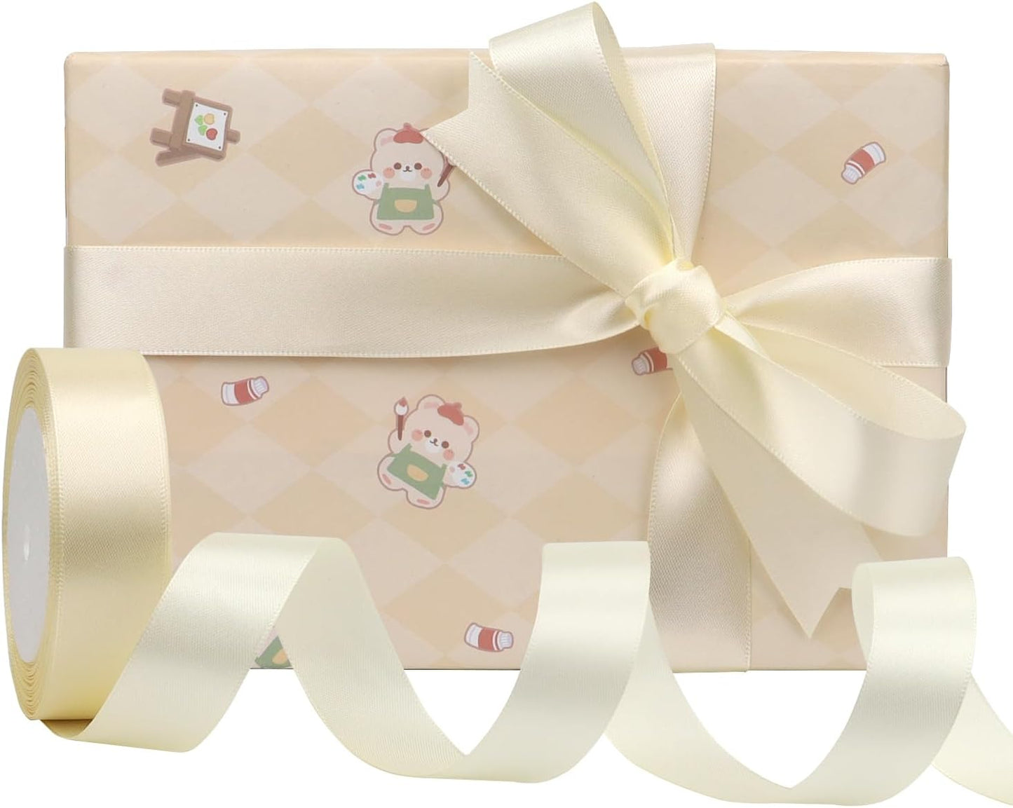 Rice White Solid Satin Ribbon 1 Inch 25 Yards Solid Polyester Fabric Ribbon for Gift Wrapping Wedding Christmas Baby Shower Birthday Party Decoration Handmade Immortal Flower Craft