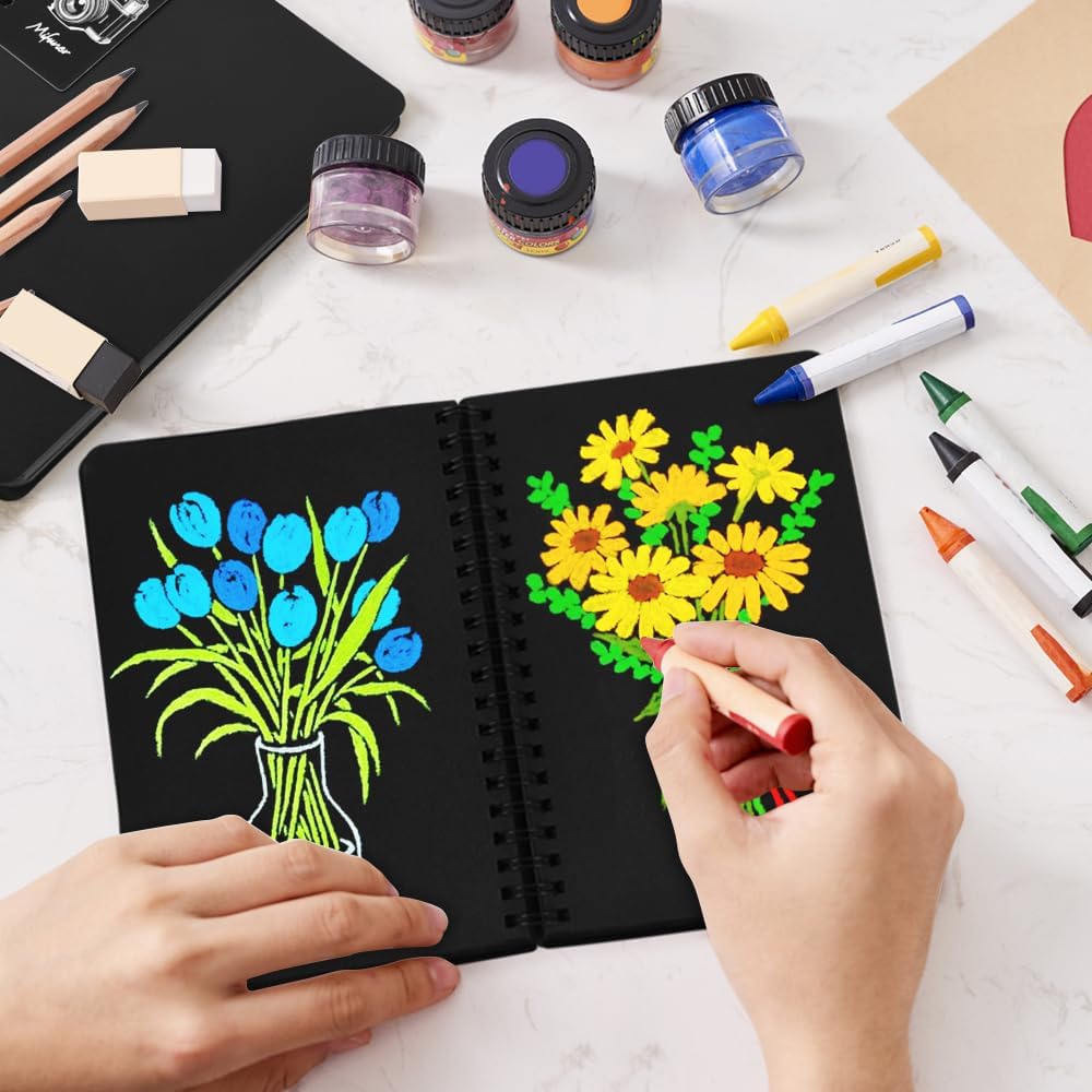 5x7in Black Paper Mixed Media Sketchbook, 110gsm Spiral Bound Art Journal Sketchbook, 70Sheets Acid-Free Travel Pocket Sketch Pad for Drawing, Illustration, Ideal for Most Dry Media