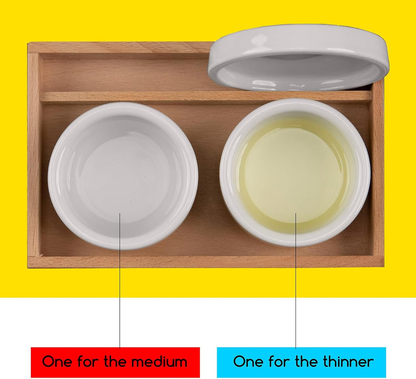 MEEDEN 2 Pack Porcelain Palette Cup, Ceramic Palette with Lid, Deep Well Oil Painting Cup, Artists Paint Water Cup, Oil Paint Dipper, Brush Wash Bowl with Beech Wood Tray