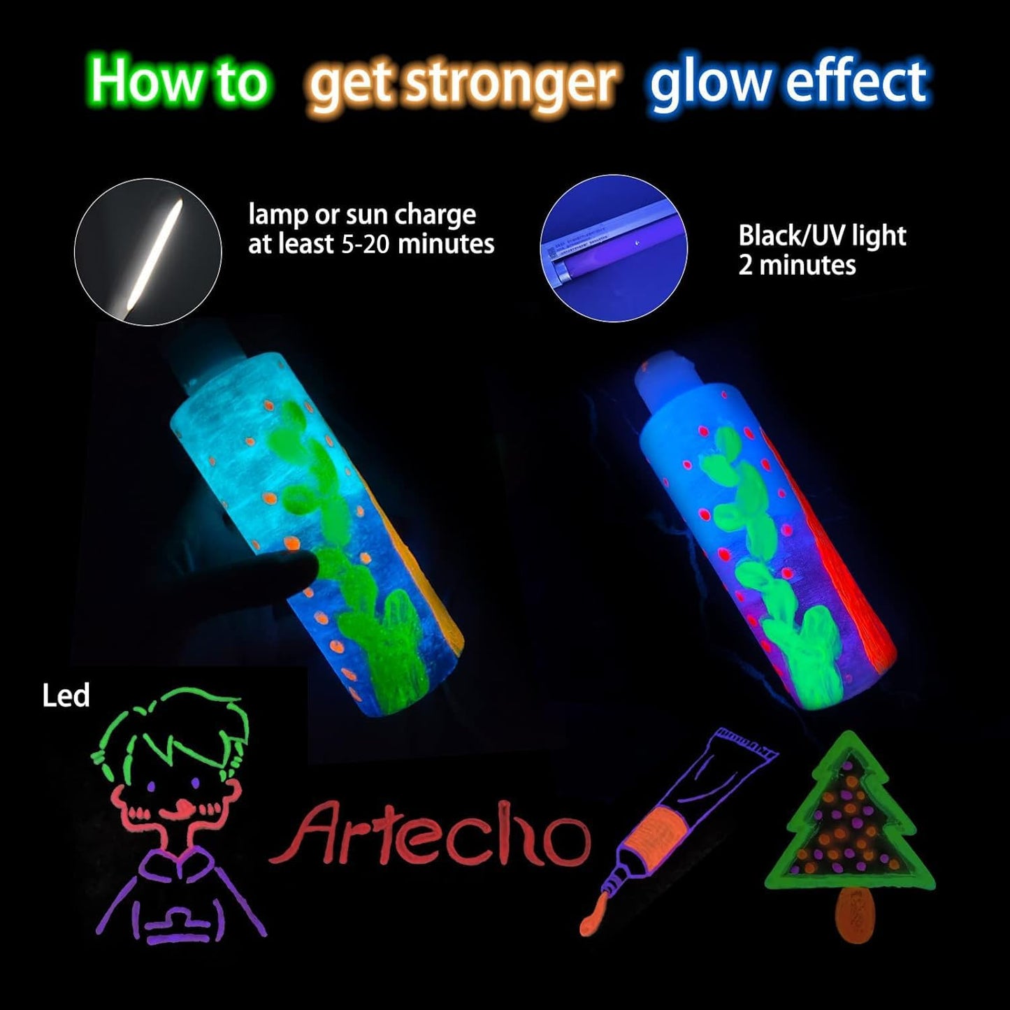 Artecho Glow in the Dark Paint, Neon Neutral Paint (120ml / 4.05oz) Tubes, Art Craft Paints for Canvas, Rock, Stone, Wood, Fabric, Art Supplies