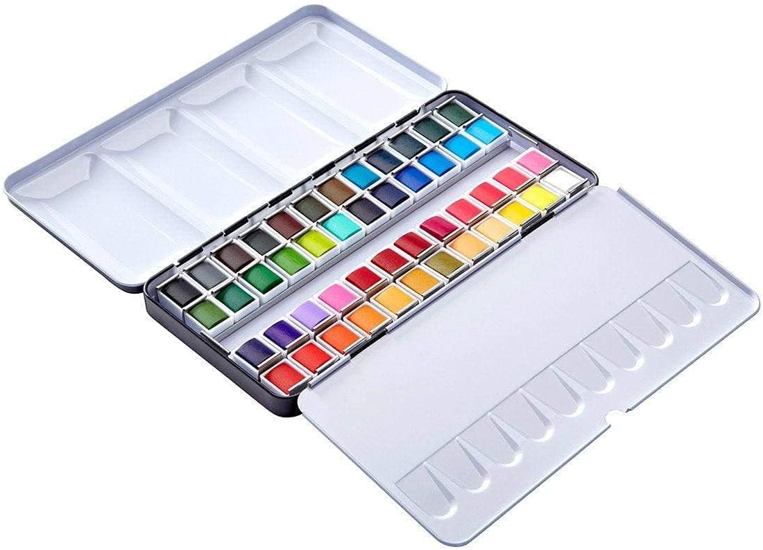 KINGART PRO Artist, Tin Box with Water Brush Watercolor Half-Pans, 48 Vibrant Colors Piece