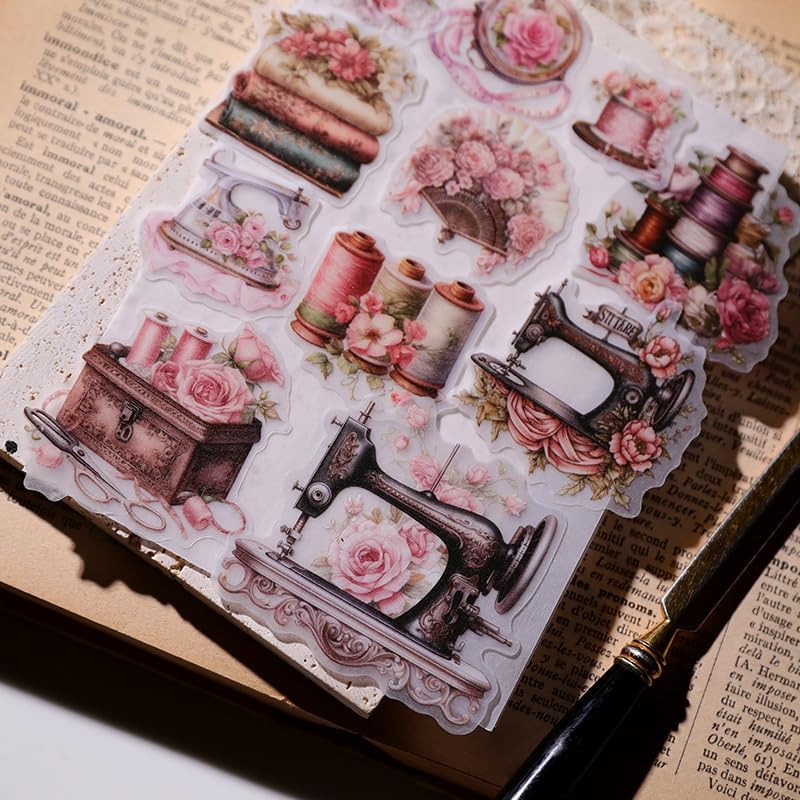 Vintage Vellum Stickers Floral Plants Elements Scrapbooking Supplies Flowers Botanic Natural Translucent Paper Self-Adhesive Junk-Journal Items (Sewing Rose)