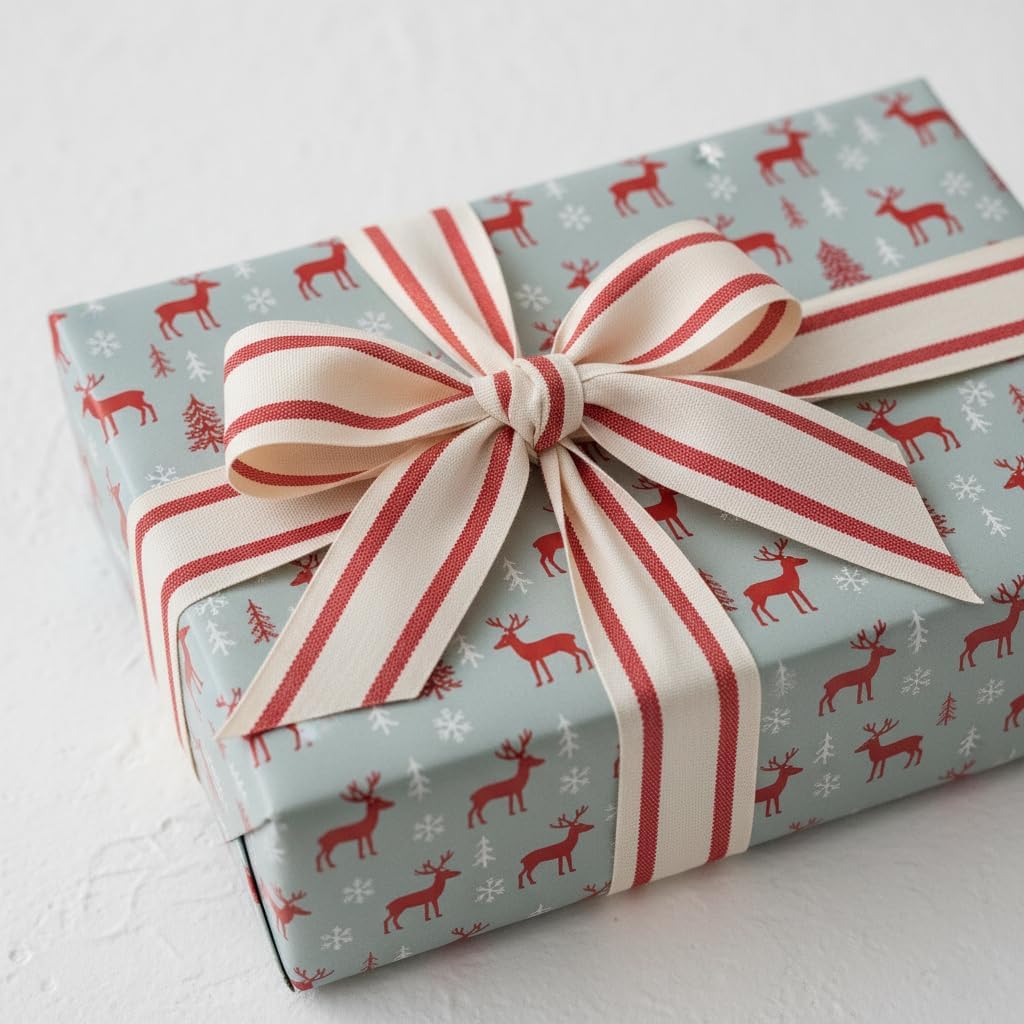 CT CRAFT LLC Ivory Cotton Red Stripes Ribbon 1.5" x 10 Yards for Home Décor Gift Present Wrapping DIY Crafts Birthday Wedding Bouquet Christmas