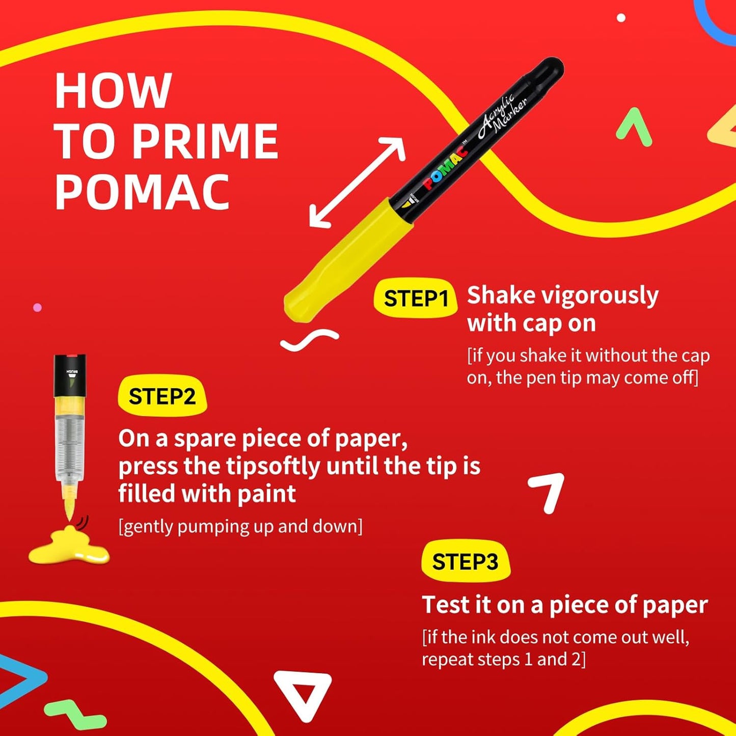 POMAC Acrylic Paint Markers Pens 12 Assorted Colors, Water-Based Paint Markers Brush Tip, No-Bleed Liquid Acrylic Marker Pens Waterproof for Fabric, Canvas, Rock, Glass, Wood, DIY Crafts, Art Supplies