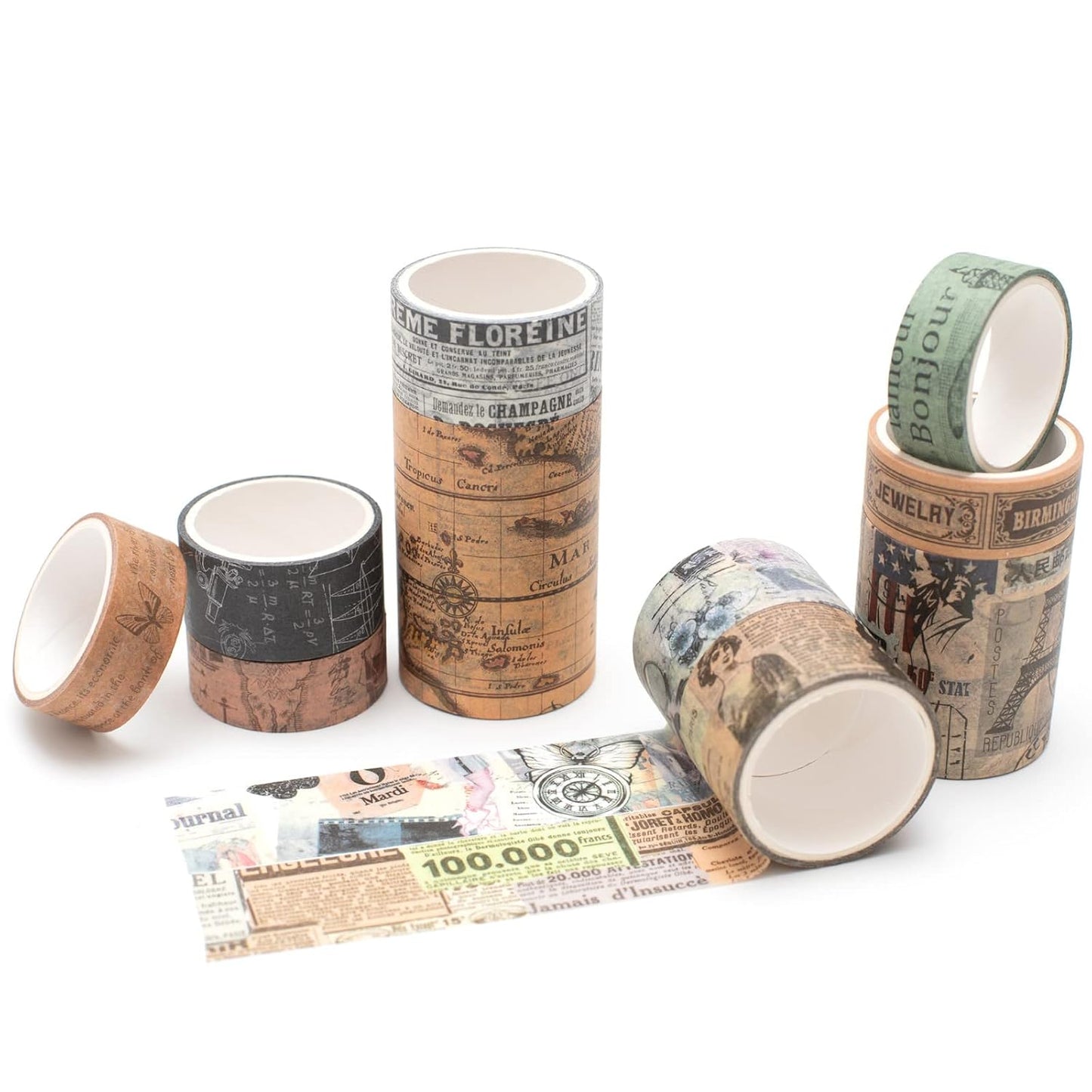 YUBX Vintage Washi Tape Set 10 Rolls Wide Decorative Antique Map Stamp Newspaper Masking Tapes for Arts, DIY Crafts, Journals, Planners, Scrapbook, Wrapping 9/16'', 13/16'', 1'', 1 3/4'', 2 3/8''