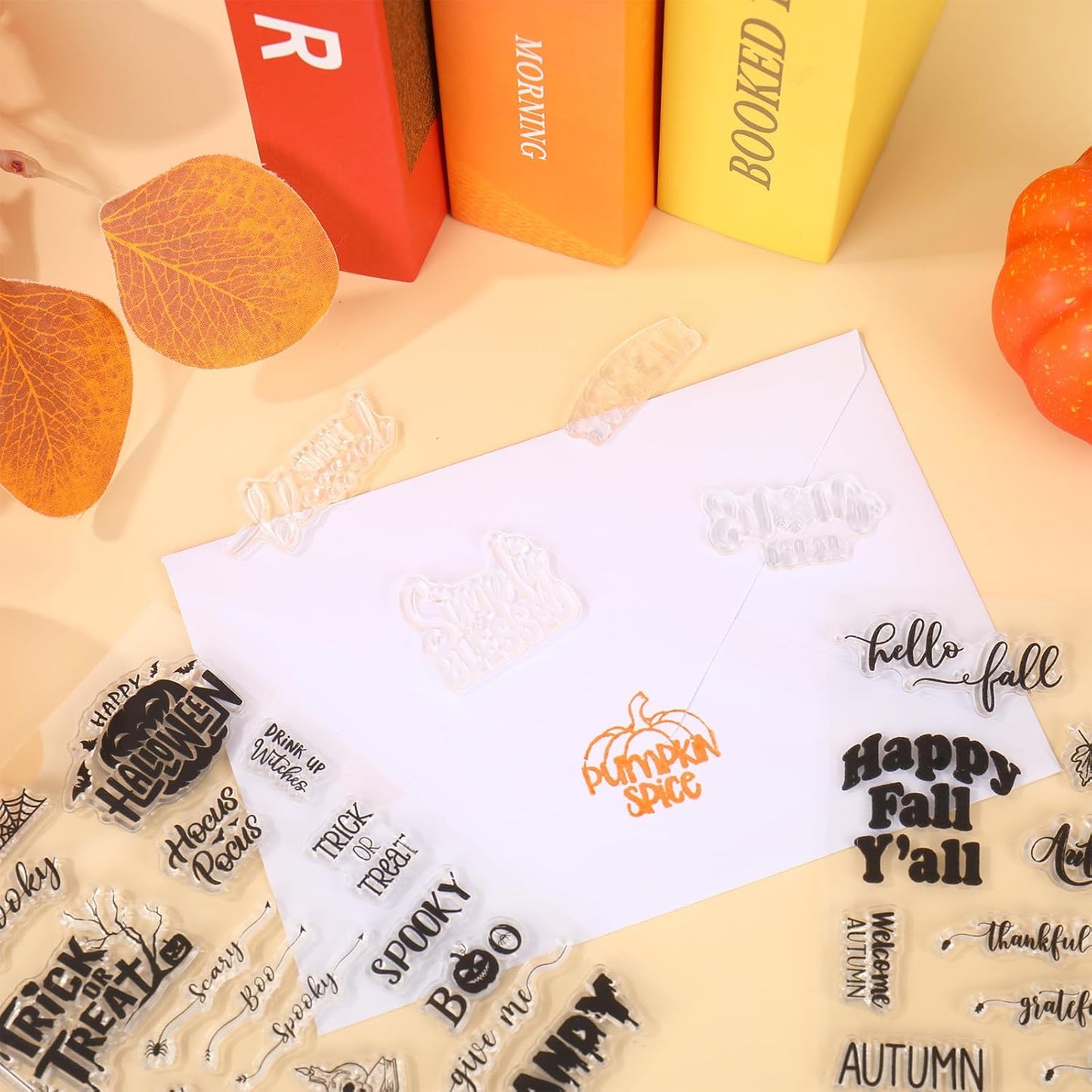 Whaline 4 Sheets Holiday Clear Stamps Fall Halloween Christmas Nativity Scene Greeting Words Silicone Transparent Stamps for DIY Craft Card Making Scrapbooking Embossing Album Decor