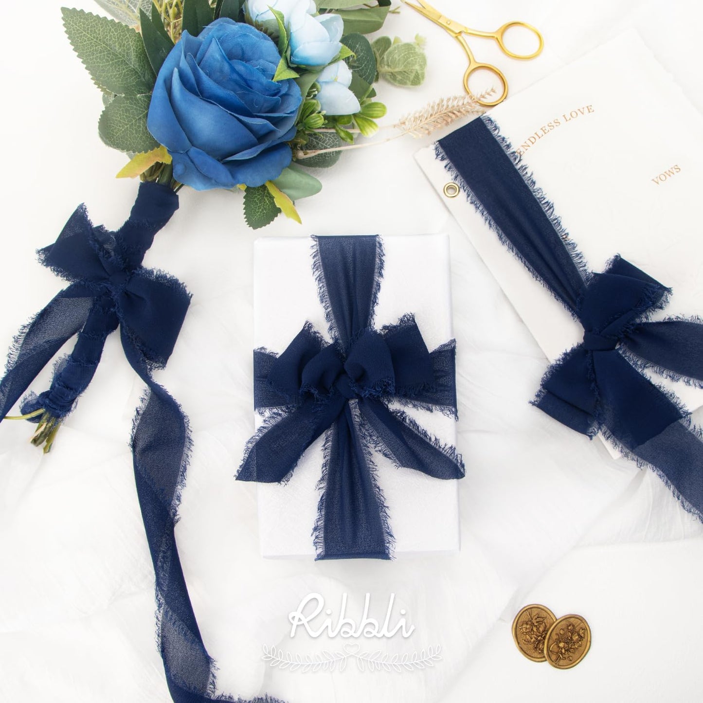 Ribbli Navy Chiffon Ribbon 1-1/2 inch x 20 Yard Handmade Fringe Chiffon Silk Ribbon,Navy Ribbon for Wrapping, Wedding Invitations, Bridal Bouquets, Home Decor