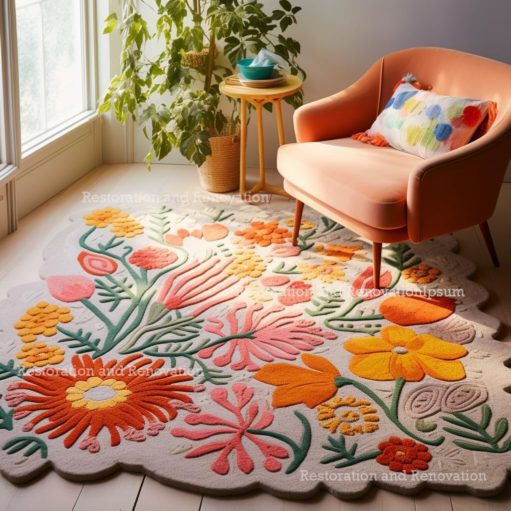 Handmade Wool Floral Area Rug for Living Room | Elegant Flower Garden Design, Soft, Thick and Durable | Bedroom, Dining Room & Home Decor Carpet (8' Round, Floral C)