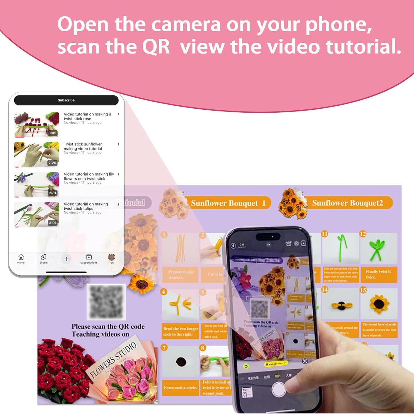 LOLEDE 400Pcs Pipe Cleaners Craft Kit, 3 Colors Chenille Stems for DIY Artificial Flower Making with Floral Wires, Gardening Tape, LED String Lights, Pearl Beads & Ribbon (Pink)