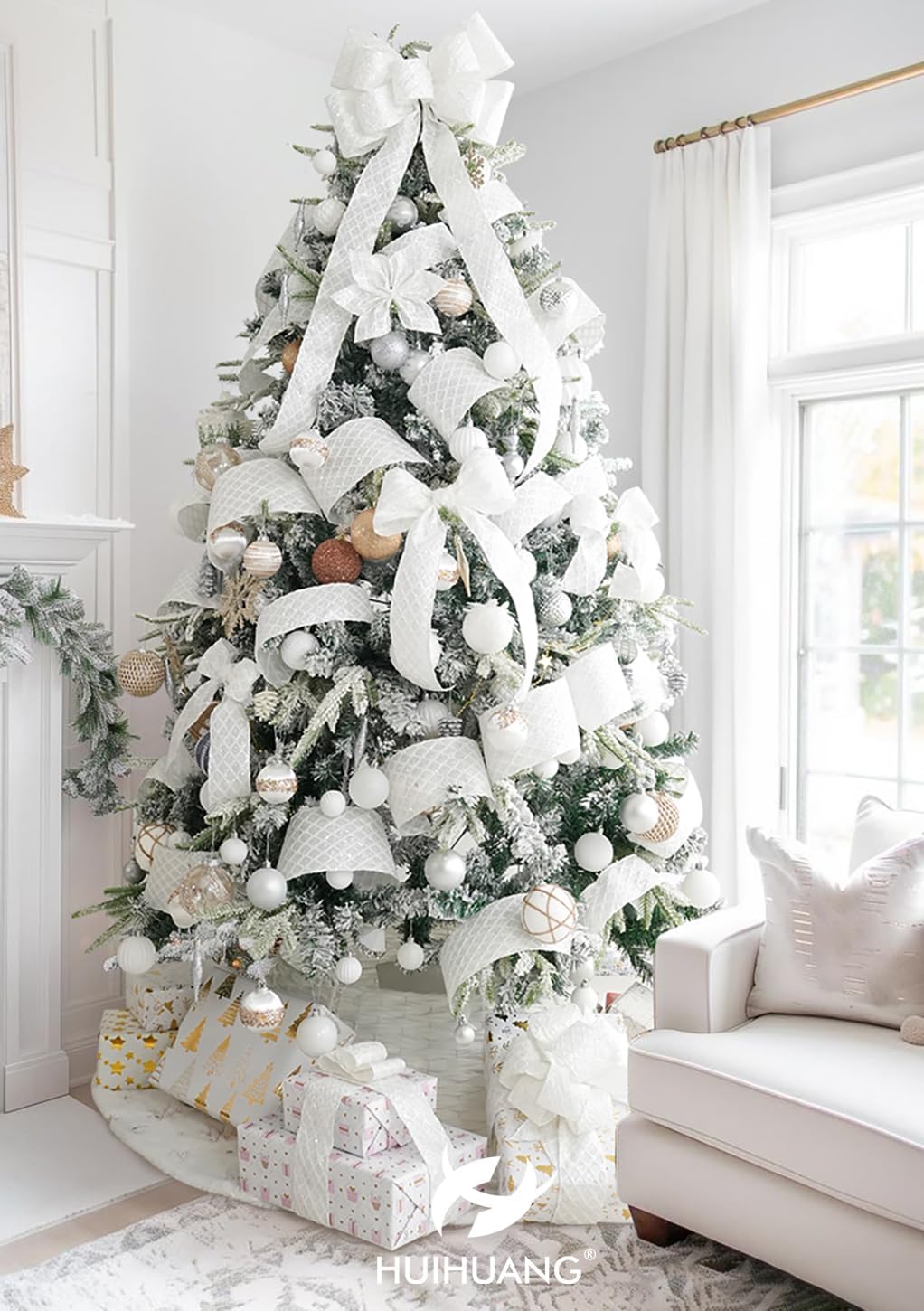 HUIHUANG White Glitter Wired Ribbon for Christmas Tree 2.5 inch White Diamond Mesh Wire Ribbon for Tree Decoration, Wreaths, Garland, Gift Wrapping, Large Bows Making, Home Decor -10 Yards