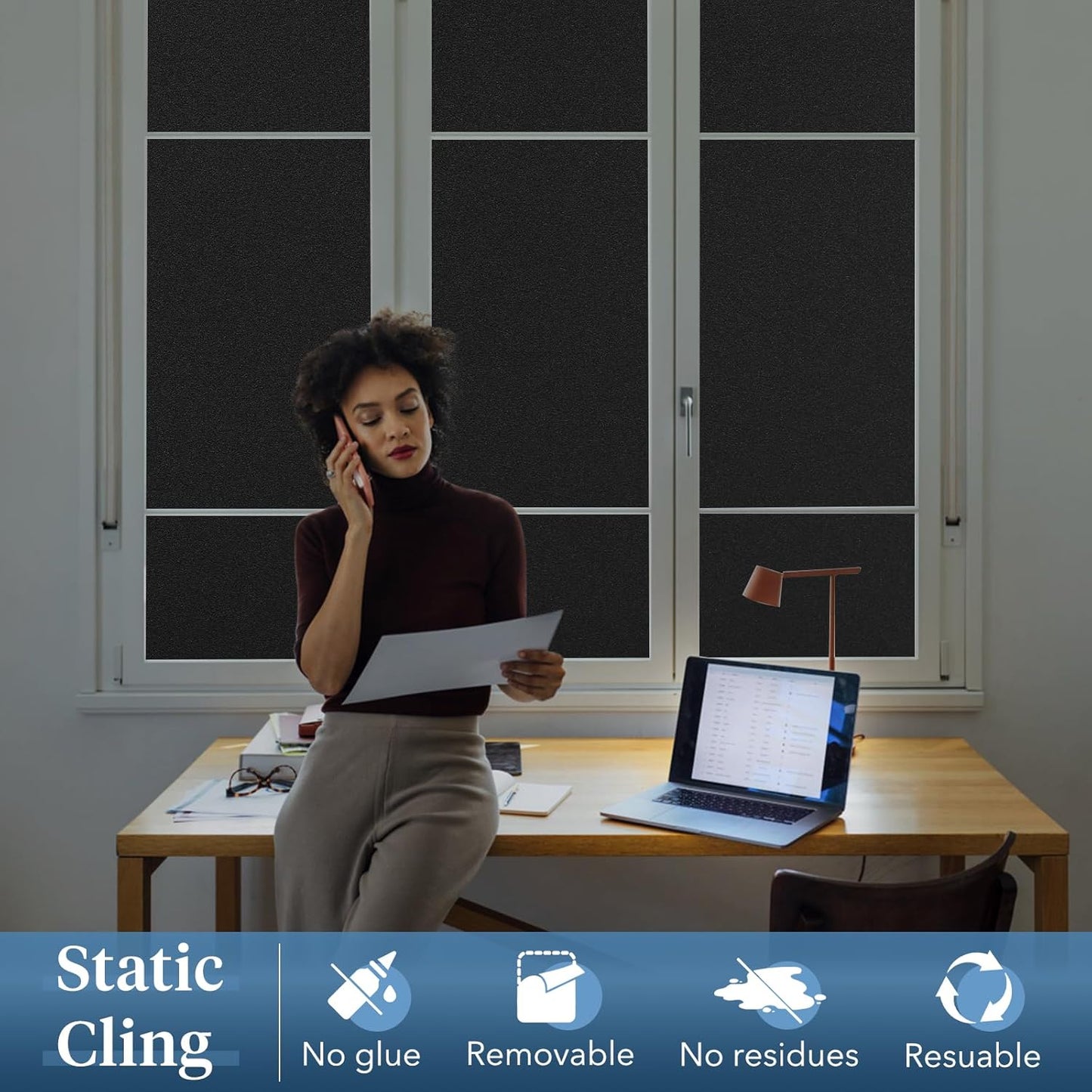 Haton Blackout Window Film, Frosted Privacy Cover for Glass, Sun Light Blocking Black Out Window Tint, Static Cling Room Darkening Heat Control Shades for Home Day and Night, Black 35.4" x 78.7"