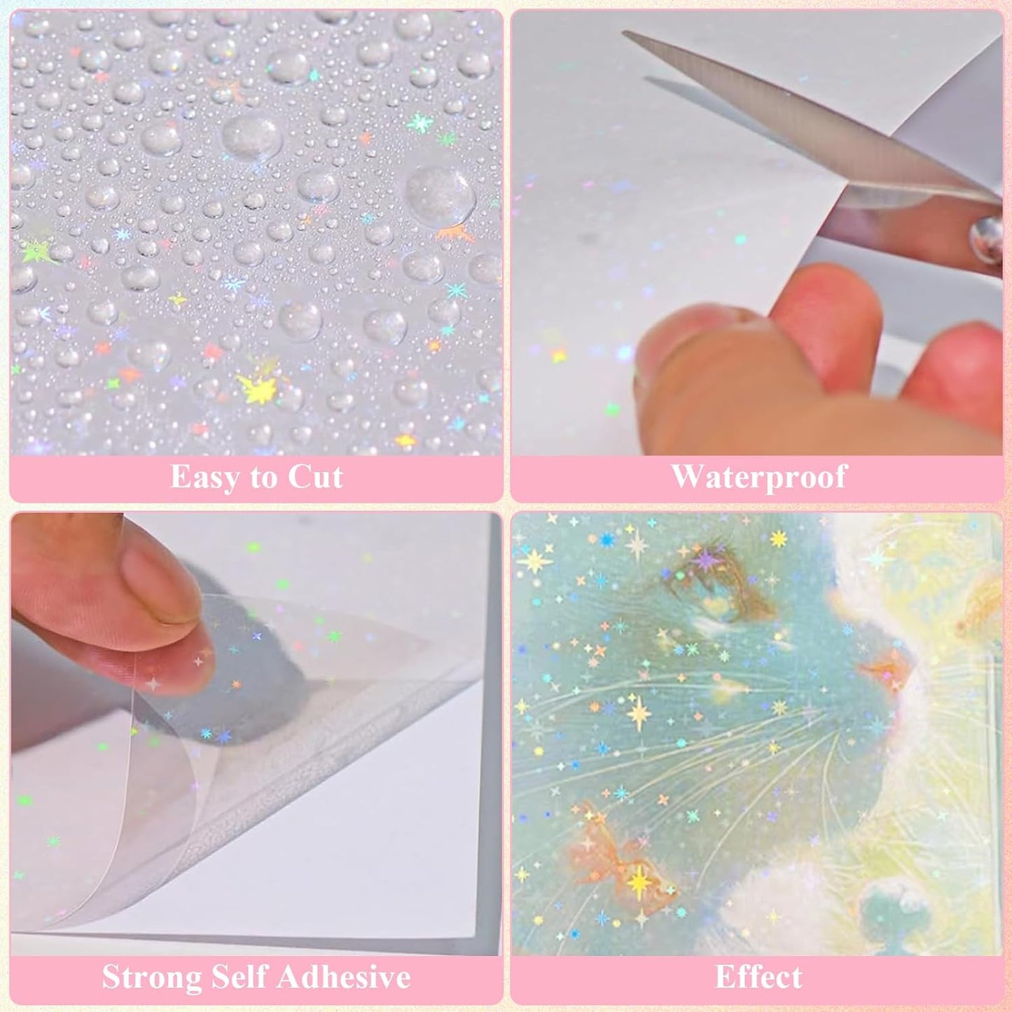 STARVAST 90 Sheets Holographic Sticker Paper, Transparent Holographic Vinyl Laminate Sheets, Self Adhesive A4 Size Printable Holographic Paper with Gem Rainbow Spot Star Patterns