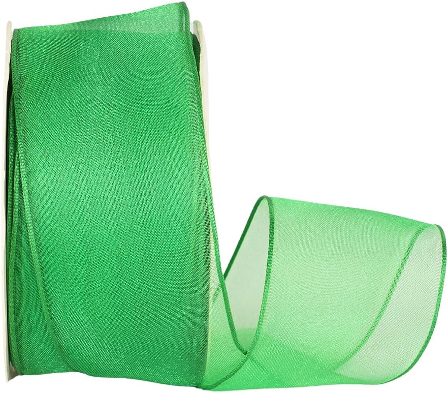Ribbon Bazaar Sheer Organza Wired Ribbon - 100% Polyester Wire Edged Ribbon for Floral Decor, Table Arrangements, Apparel Embellishment & More - 1-1/2" Emerald 25yd