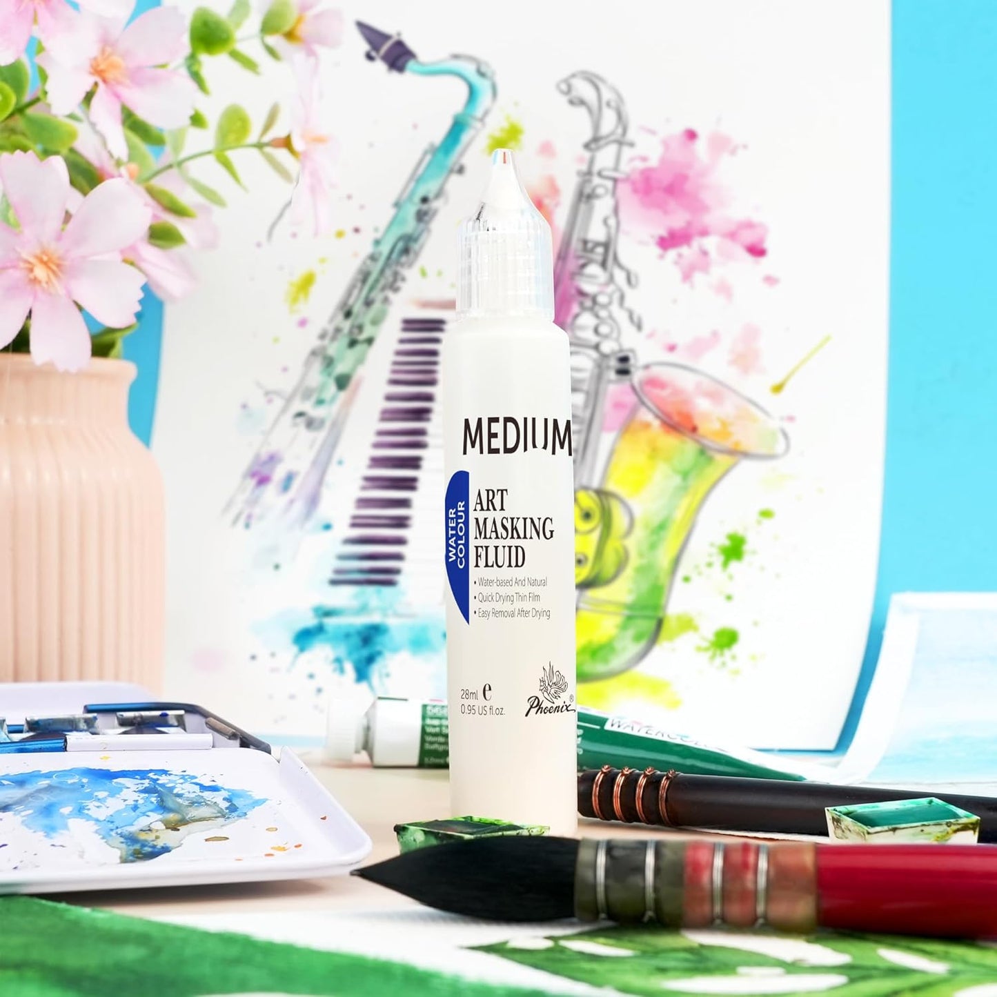 AUREUO Masking Fluid for Watercolor Painting - 28ml / 0.95 fl Oz Liquid Masking Fluid Pen Water Color Medium Art Supplies for Artists