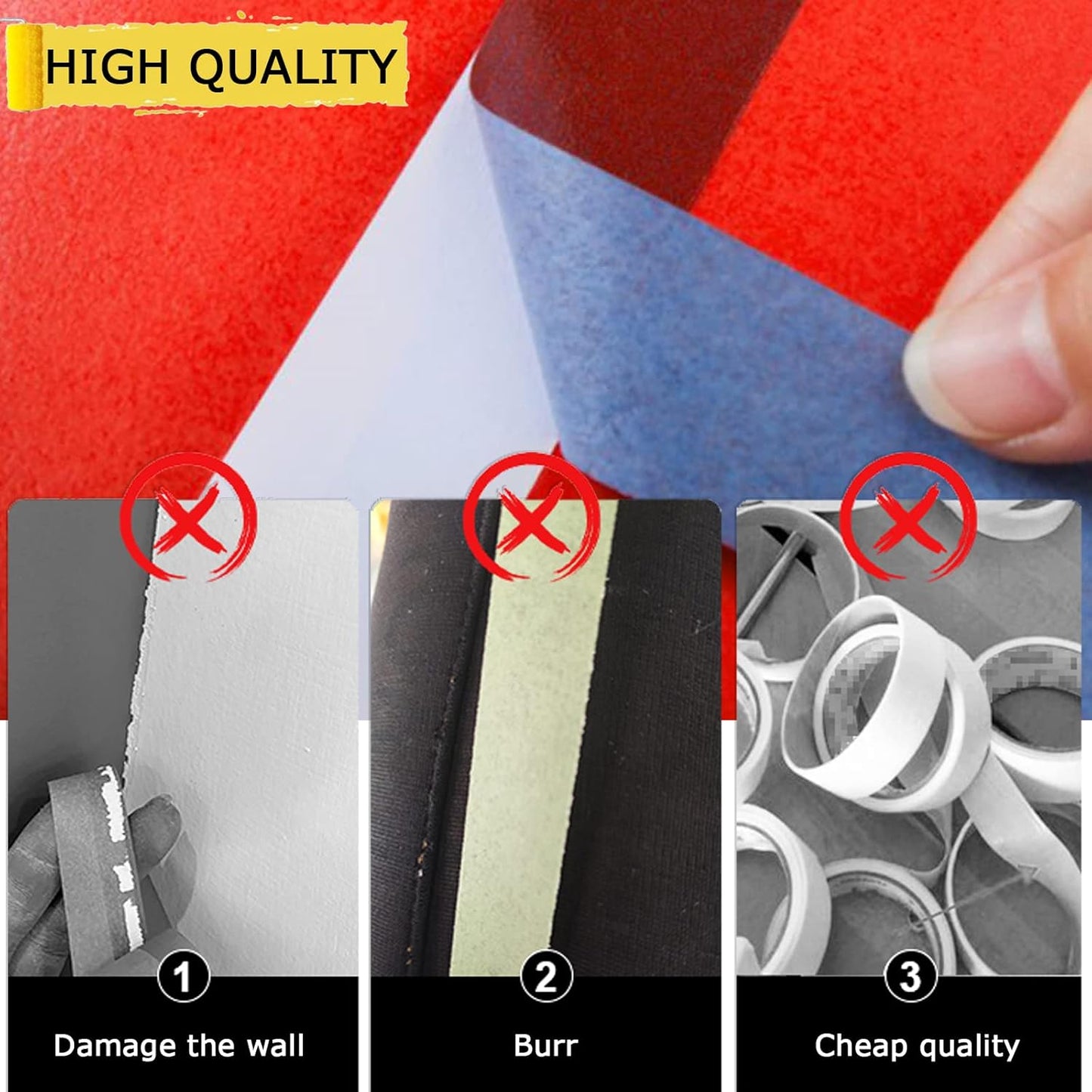 Premium Blue Painters Tape, Masking Master Tape, Paint Tape for Multi-Purpose, Painting, Painter's, DIY Crafts Arts (1.88in, 60.1yd x 3 Rolls = 180.3yd) Decoration Labeling No Residue, Easy Removal