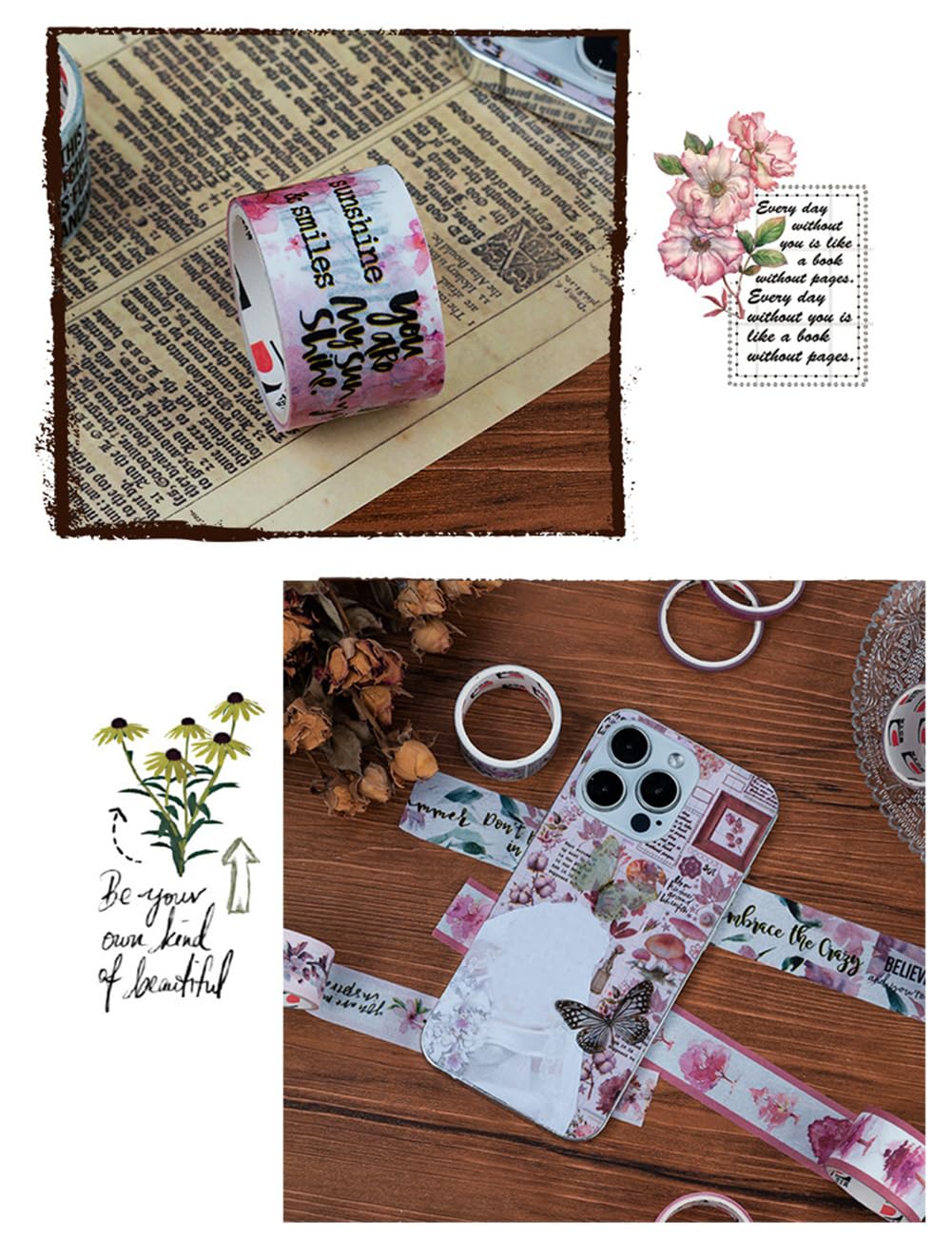 MAFELOE Decorative Vintage Washi Tapes Set 20 Rolls 2 Meters Long, Adhesive Scrapbook Junk Journaling Art Craft Collage Supplies-Forest Dream Series-Pink (WT-M4-SLMJ)