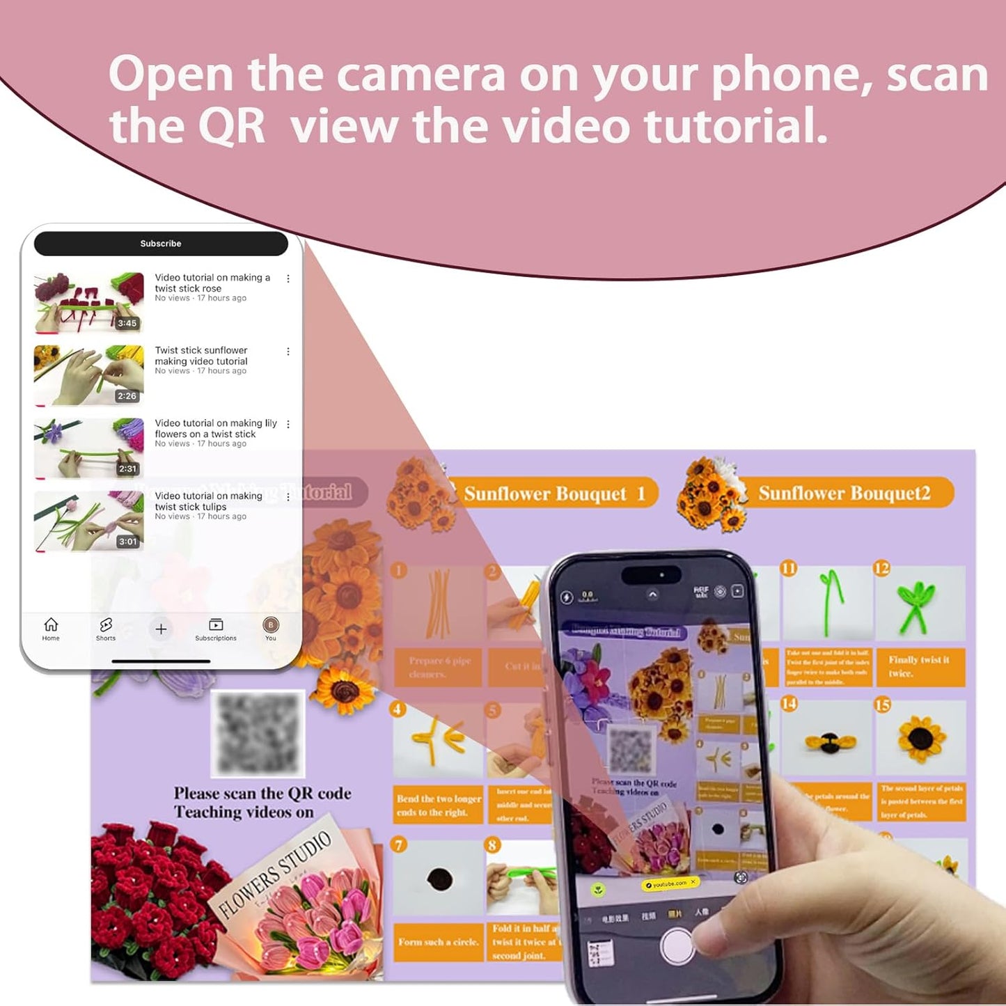 LOLEDE 300Pcs Pipe Cleaners Craft Kit, 2 Colors Chenille Stems for DIY Artificial Flower Making with Floral Wires, Gardening Tape, LED String Lights, Pearl Beads & Ribbon (Rose)