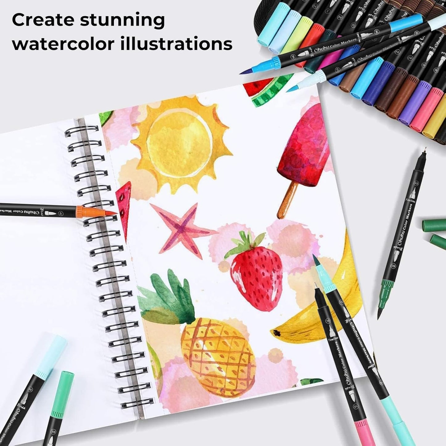 Ohuhu Markers for Adult Coloring Books No Bleeding 160 Colors Coloring Markers Water-based Dual Tips Fineliner & Brush Drawing Pens Art Pens for Kids Adults Sketch Journal - Maui - Black