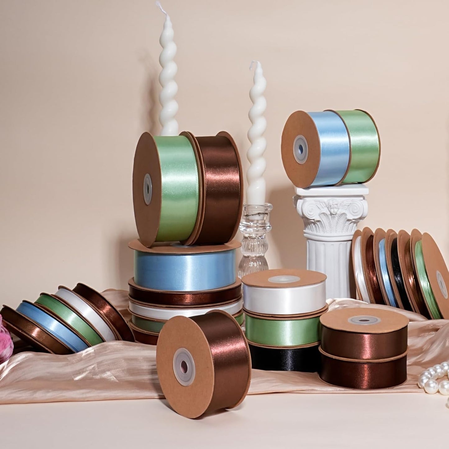 LaRibbons Brown Satin Ribbon 1 1/2 Inch 50 Yards Thin Luxury Double Faced Mocha Mousse Silk Ribbon for Flower Bouquet Crafts Gift Wrapping Wedding Decoration