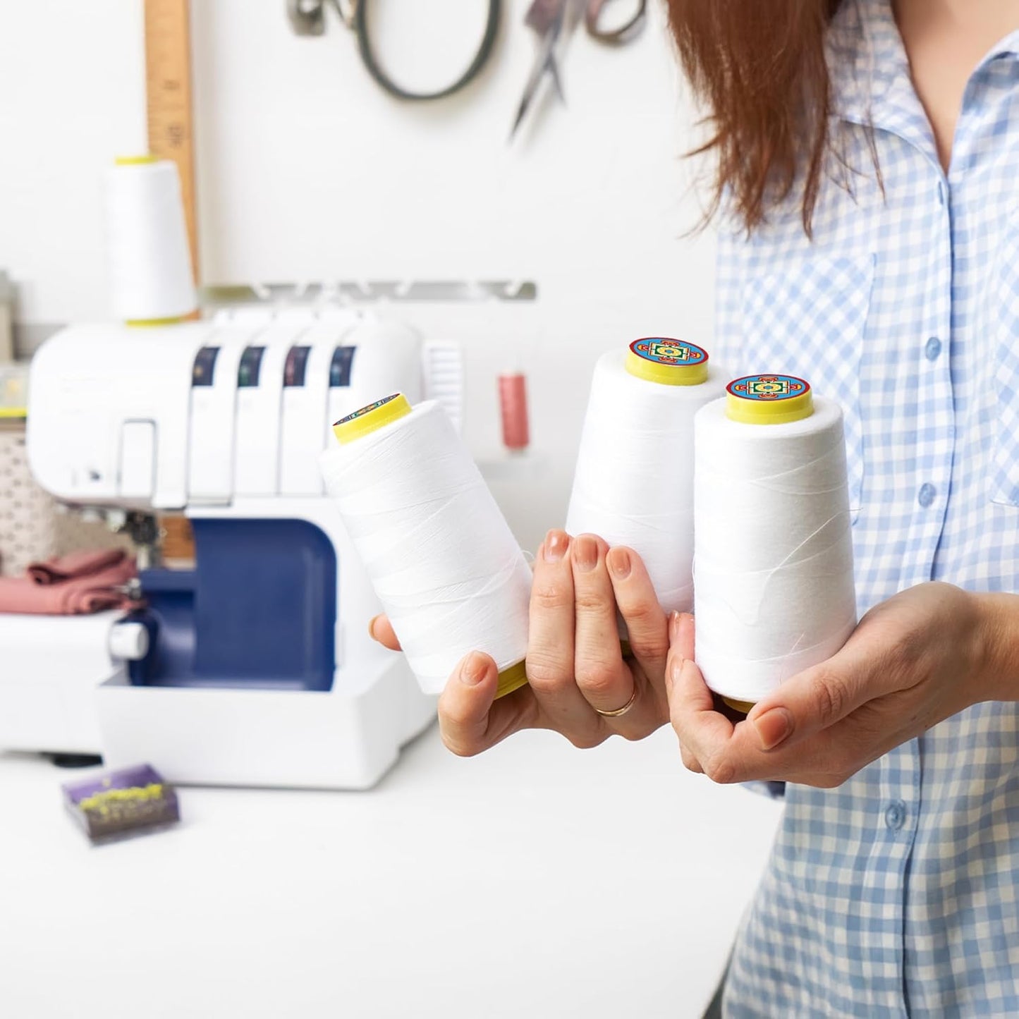 Mandala Crafts 4 Pack of Serger Threads Cones Spools - 20S/2 24000 Yards Polyester Steel Blue Threads for Sergers Machine and Overlock Quilting Sewing Machine