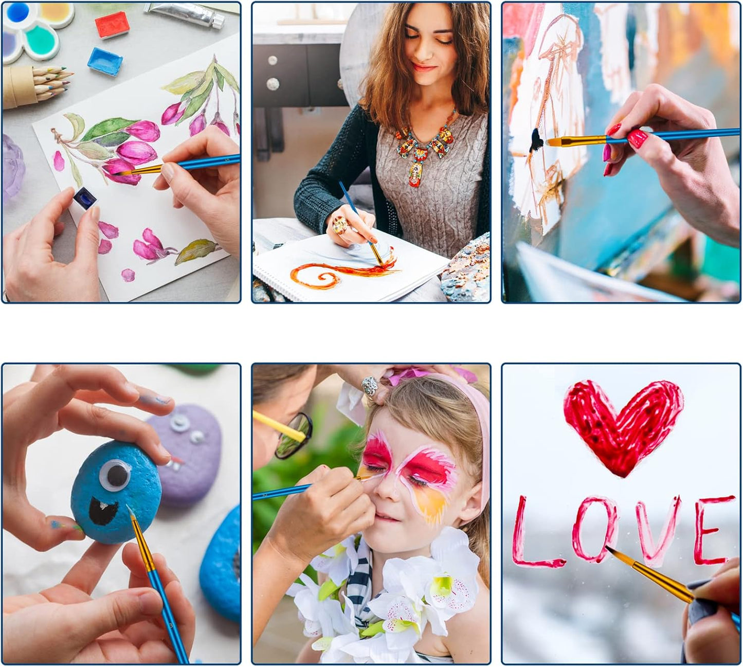 Paint Brushes Set, 6Pack 60 Pcs Paint Brushes for Acrylic Painting, Oil Watercolor Acrylic Paint Brush, Artist Paintbrushes for Body Face Rock Canvas, Kids Adult Drawing Arts Crafts Supplies, Blue