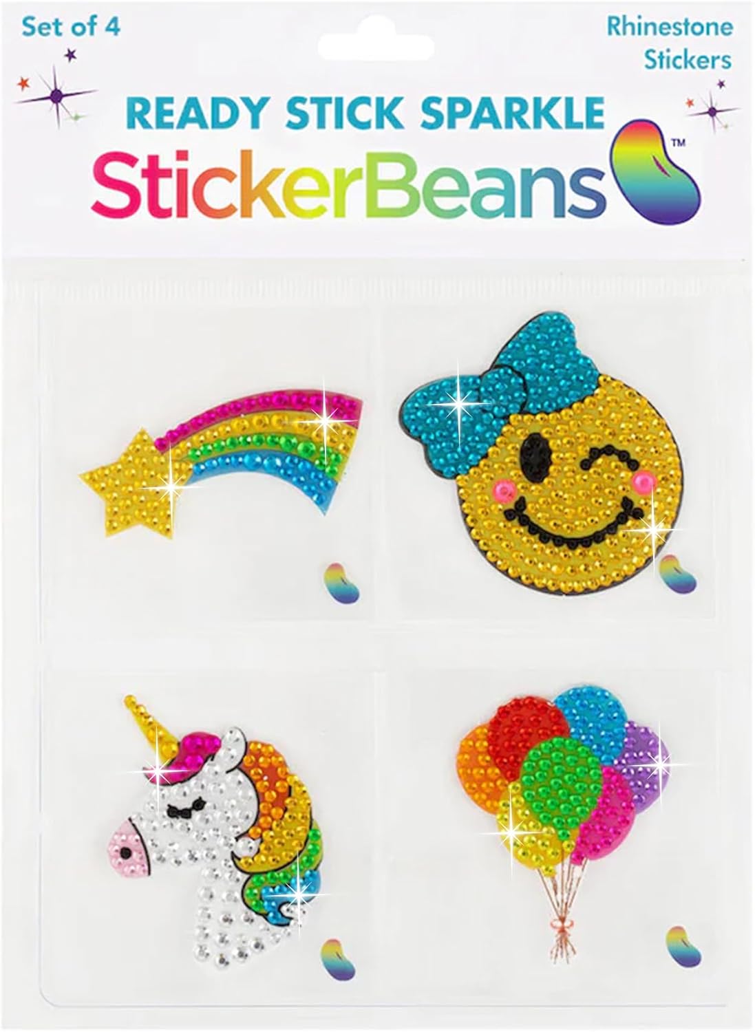StickerBeans® Rhinestone Stickers - Magical 4-Pack, 2” x 2” Each, Unique Sparkly Cut-to-Shape for Collecting, Trading, Decorating Laptops, Phone Cases, Scrapbooks - for Kids, Teens, & Adults