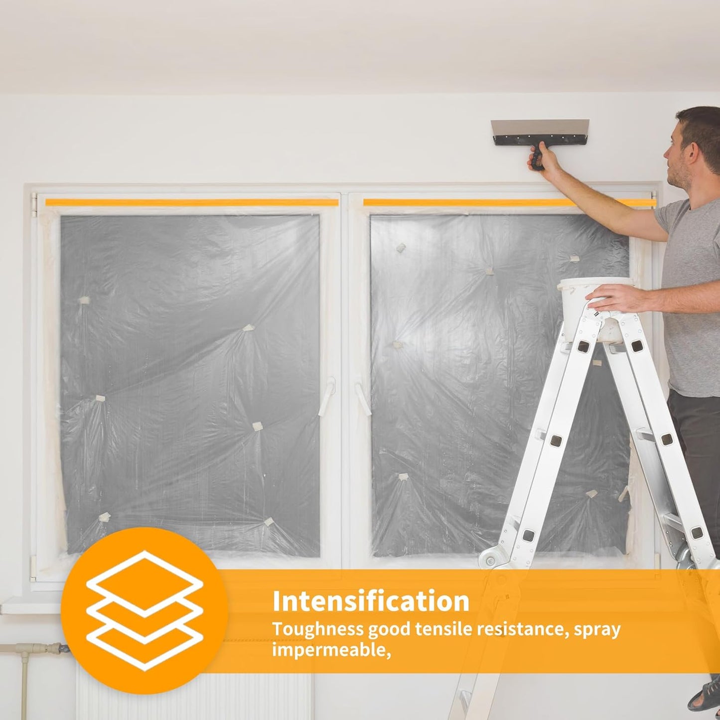 Pre-Taped Masking Film 4 Pack 59 in x 65 feet Rolls, Tape and Drape, Painters Plastic Drop Cloth for Automotive Painting Covering, House Decoration Furniture Floor Dustproof Cover