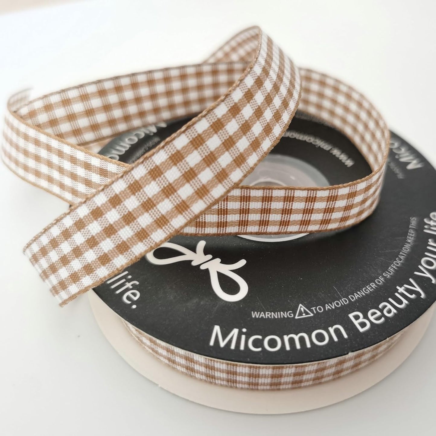 Micomon Khaki and White Woven Edge Plaid Ribbon 100% Polyester Gingham Ribbon 25 Yards Each Roll (5/8"Khaki)