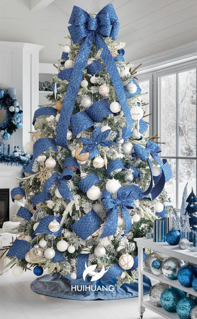 HUIHUANG Navy Blue Wired Ribbon 2.5 inch Glitter Diamond Mesh Wire Edge Ribbon for Christmas Tree, Wreaths, Garland, Gift Wrapping, Bows Making, Holiday Decor -10 Yards