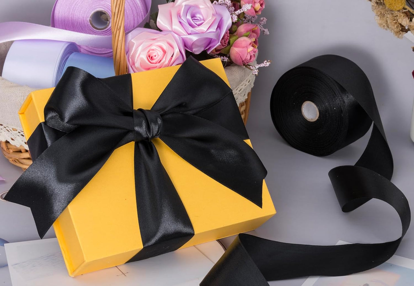 2 Inch Black Solid Satin Ribbon, 50 Yards Craft Fabric Ribbon for Gift Wrapping Floral Bouquets Wedding Party Decoration