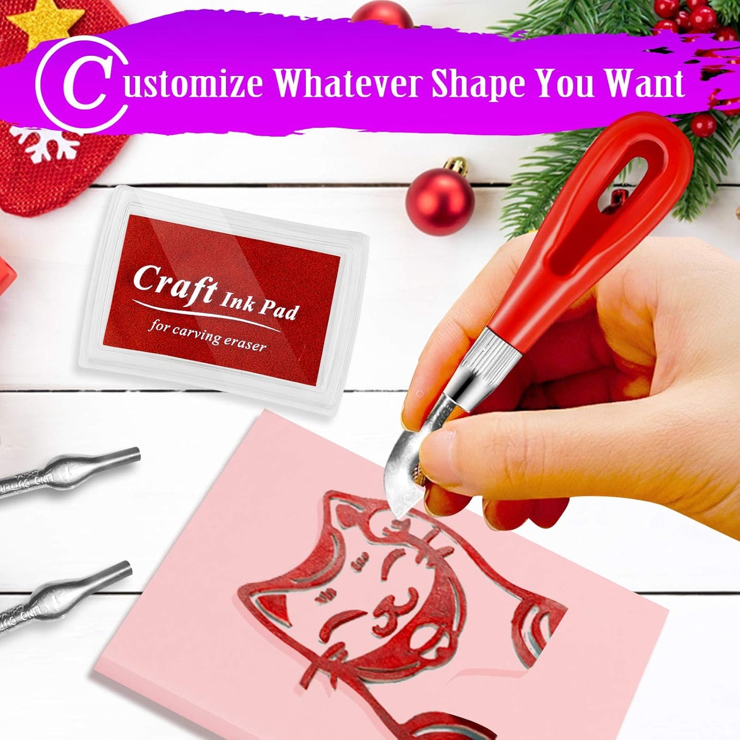 WAYCOM 18 Pcs Rubber Stamp Making Kit, Linoleum Cutter Set, Craft Ink Pad, Hobby Knife, Pencil for DIY Stamp Carving Craft