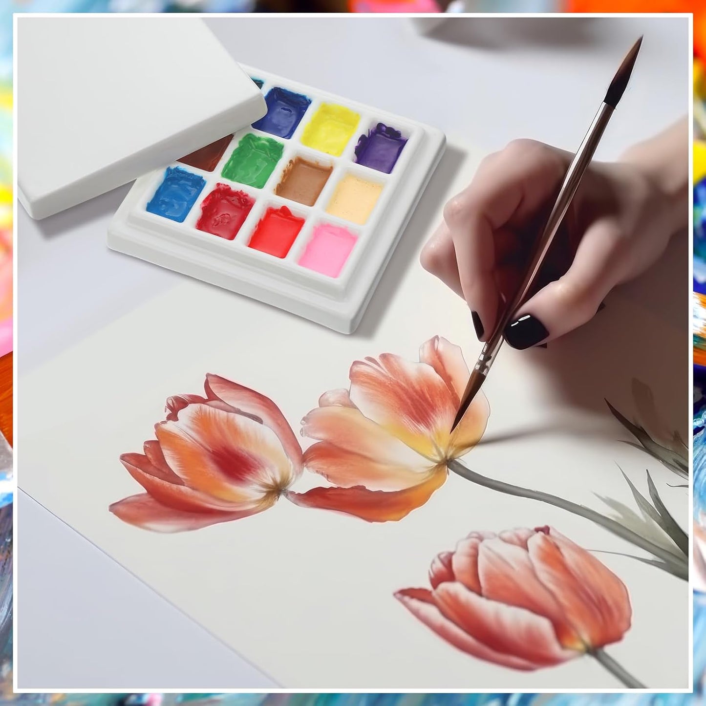 Honoson 4 Pack 12 Wells Ceramic Palette with Covers Pure White Porcelain Painting Palette for Watercolor Gouache Color Painting Mixing Tray for Artists Professionals Students Hobby Crafts