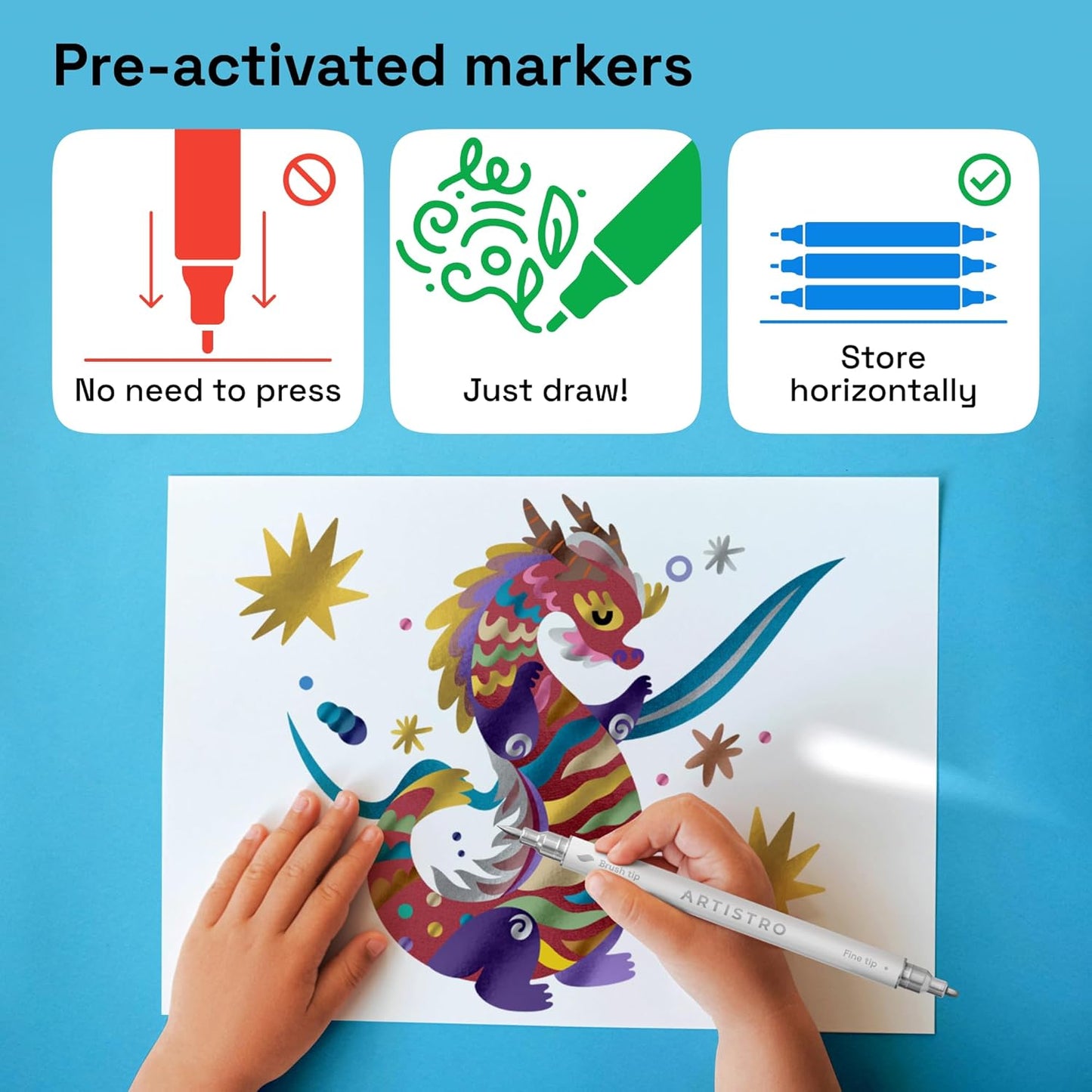 ARTISTRO 2 Gold Dual-Tip Acrylic Paint Pens - Multisurface Metallic Markers for Glass, Rock, Fabric, Wood, Plastic & More - 1 mm Fine & Brush Tips