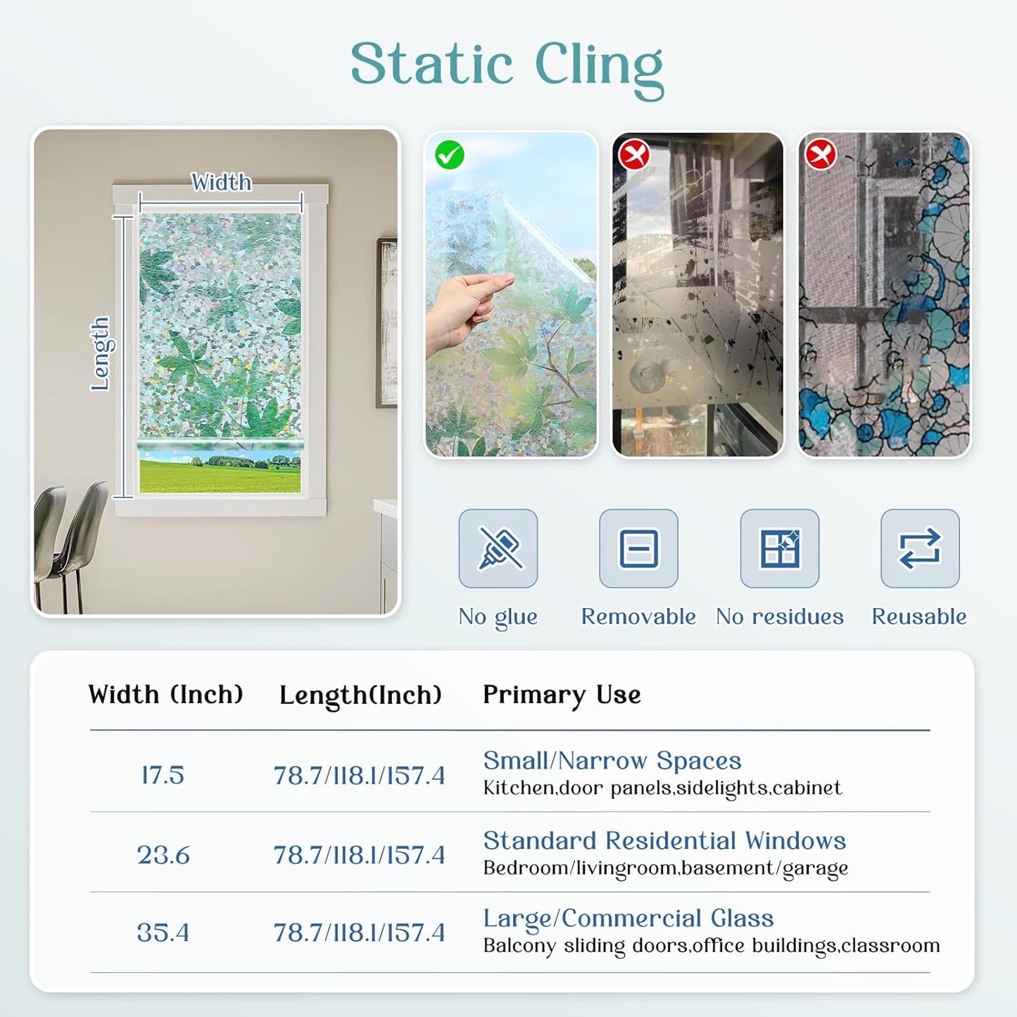 Haton Window Privacy Film, Decorative Stained Glass Window Clings, 3D UV Sun Blocking Sticker, Removable Static Cling Heat Control Tint for Home Door, Leaf Rainbow, 35.4" x 78.7" Non-Adhesive