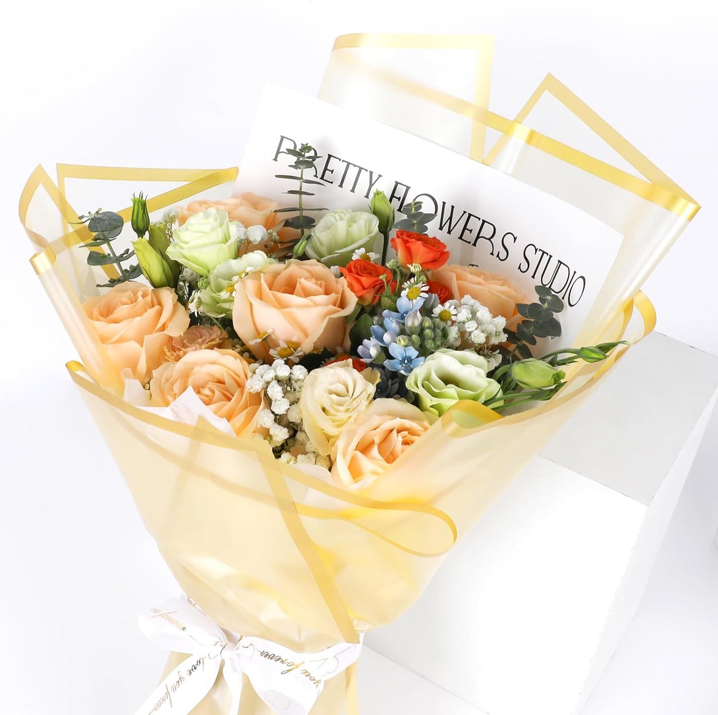 FUHITIM 20 Sheets Flower Wrapping Paper - Waterproof Floral Bouquet Packaging Paper for DIY Crafts,Florist Supplies Packaging Paper for Wedding Birthday Gift (Translucent Gold)