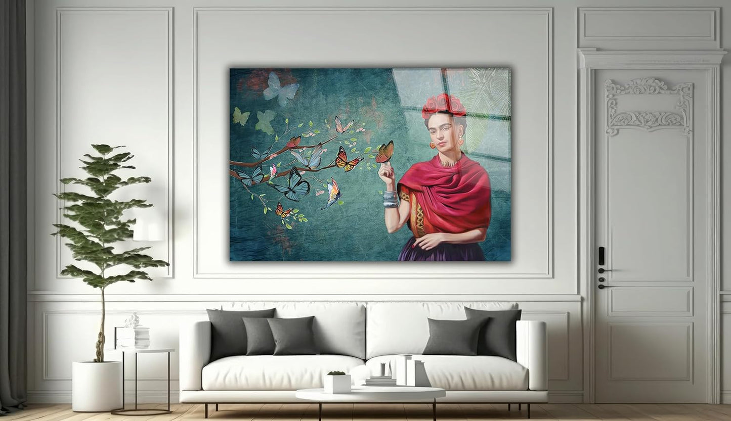 SpiritualHands Frida Kahlo Glasss Wall Art Print, Home Decor Glass Wall Art Artwork for Living Room, Pictures for Bedroom, Hanging Painting Tempered Glass Art