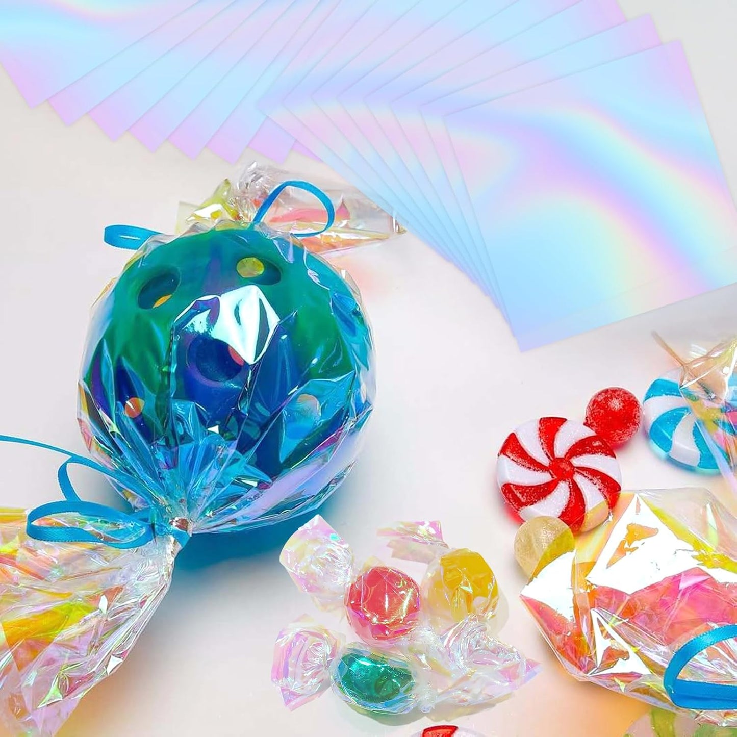 PEASUG 120 PCS Iridescent Cellophane Sheets, 7.5x7.5 Inches Holographic Candy Cellophane Wrap, Iridescent Paper for DIY Crafts Project, Art, Lights, Window Decoration