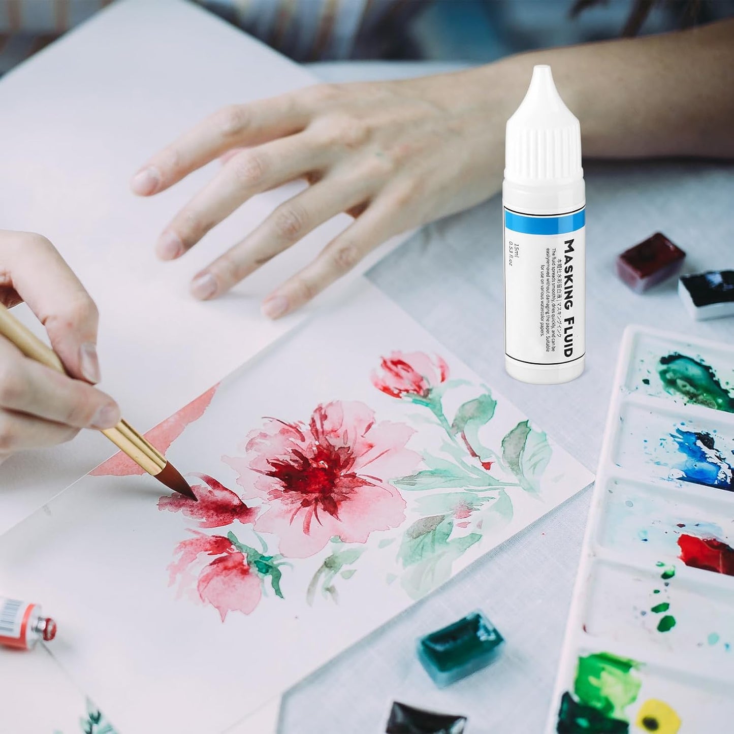 2 Pcs Masking Fluid for Watercolor Painting, 15ml Capacity Bottle with 3mm Applicator Nozzle, Masking Fluid Pen for Various Art Projects Watercolor Ink (White)