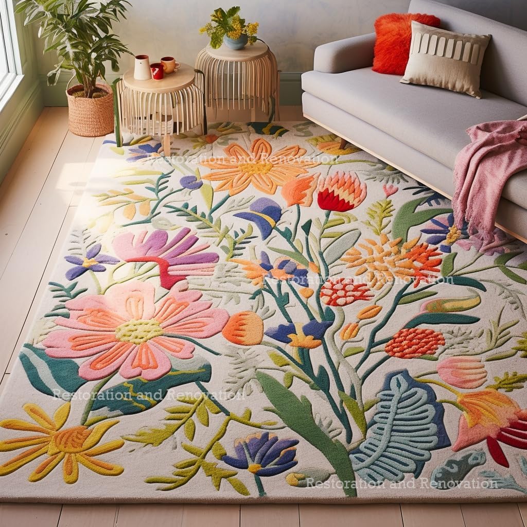Handmade Wool Floral Area Rug for Living Room | Elegant Flower Garden Design, Soft, Thick and Durable | Bedroom, Dining Room & Home Decor Carpet (7' Round, Floral B)