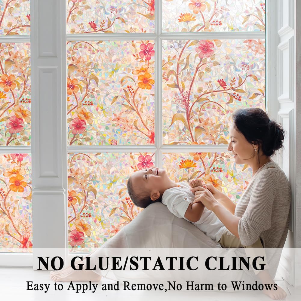 Stained Glass Window Film Static Cling Door Privacy Film Decorative Flowers Red Leaves Window Decals Stickers Heat Control Anti UV for Home and Office,23.6 inches by 118 inches