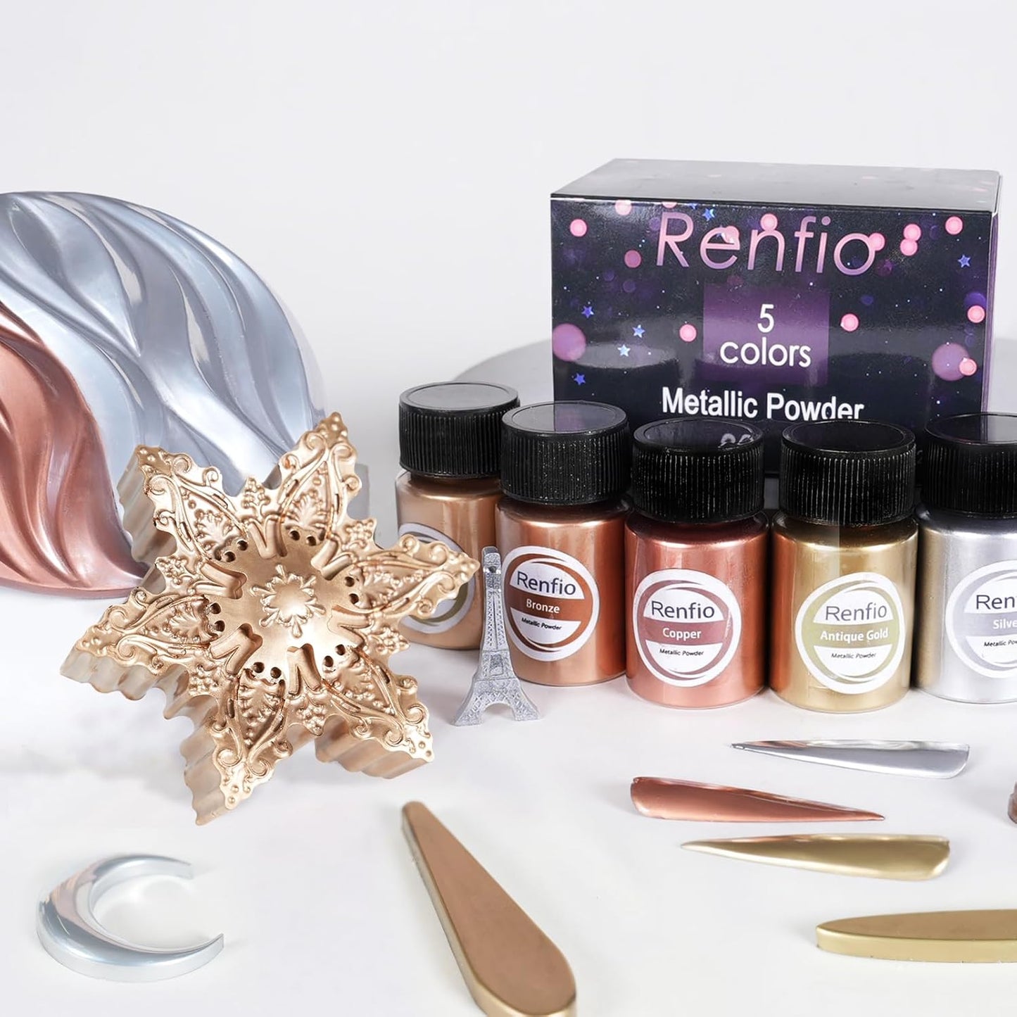 Renfio Metallic Pigment Powder, 5 Colors Gold Mica Powder for Resin, 6 X 20ml Metal Powder, Resin Color Pigment, Color Pigment for Epoxy Resin, Kintsugi, Polymer Clay, Candle Dye