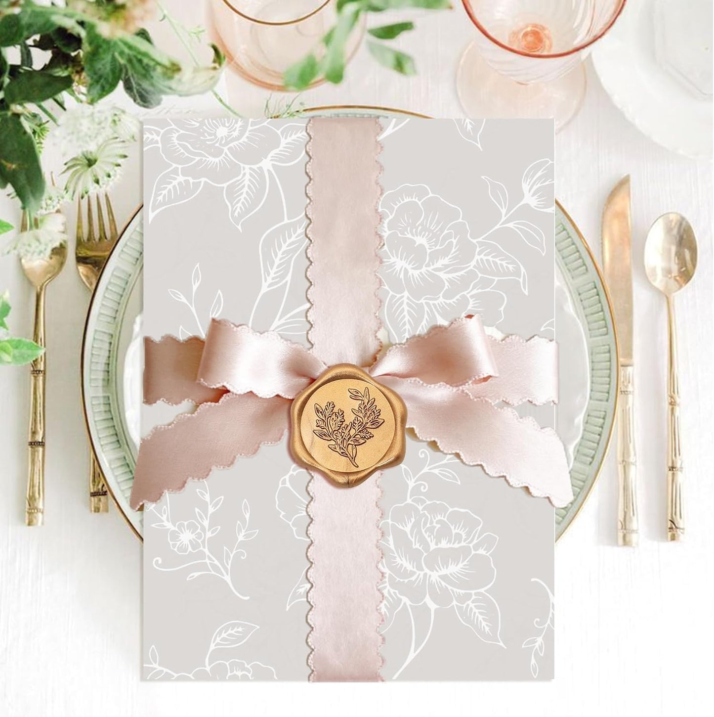 SWANGSA 100 Sets Wedding Invitations Wraps, Vellum Jackets for 5x7 Invitations & Self Adhesive Antique Gold Eucalyptus Wax Seal Stickers for Wedding Bridal Baby Shower Birthday Envelopes (White Rose)